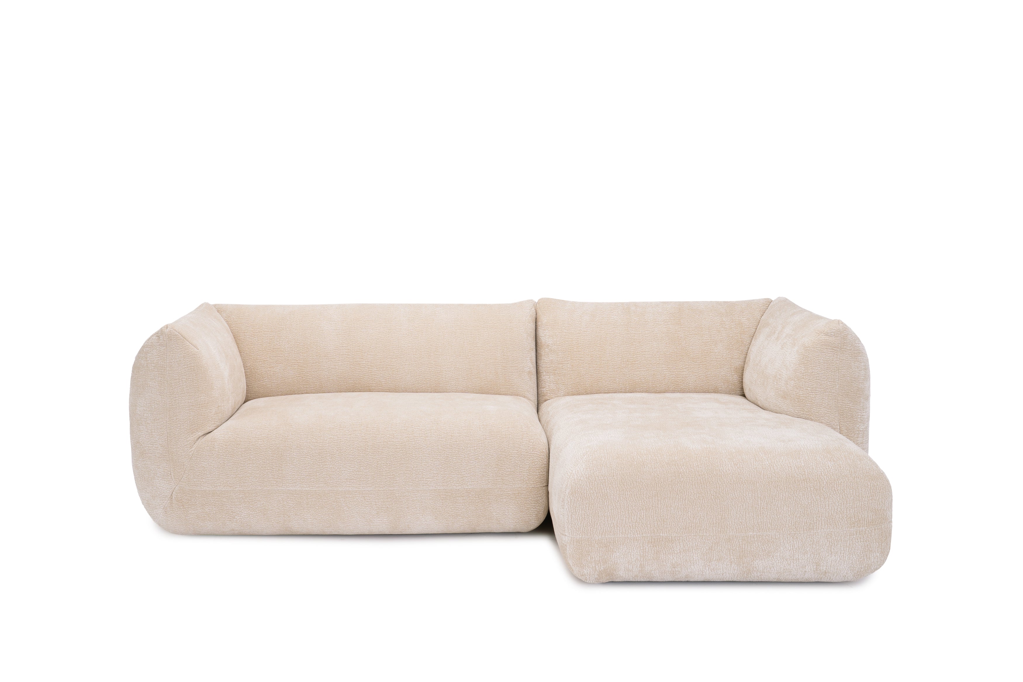 Canapé d’angle droit Sainte-Croix en tissu chenille beige Paname Avenue, vue de face sur fond blanc