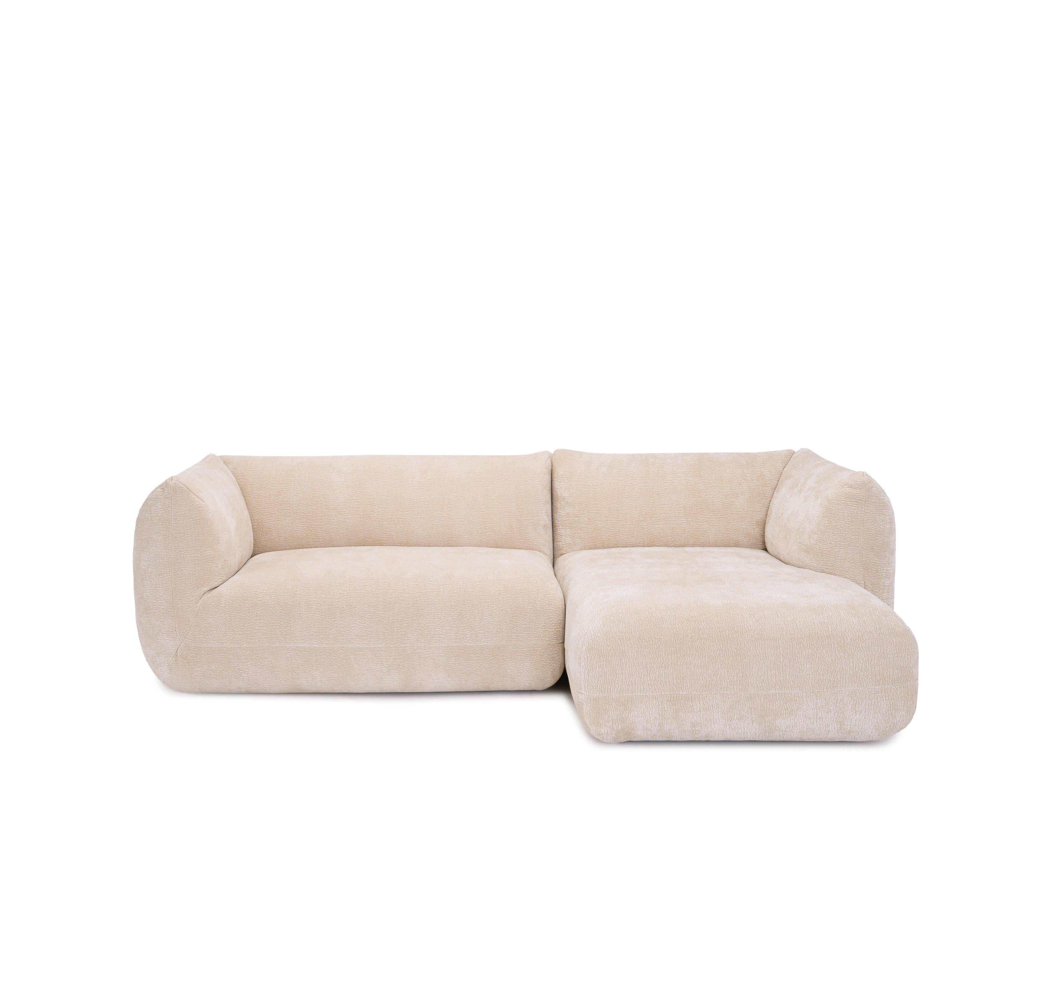 Canapé d’angle droit Sainte-Croix en tissu chenille beige Paname Avenue, vue de face sur fond blanc