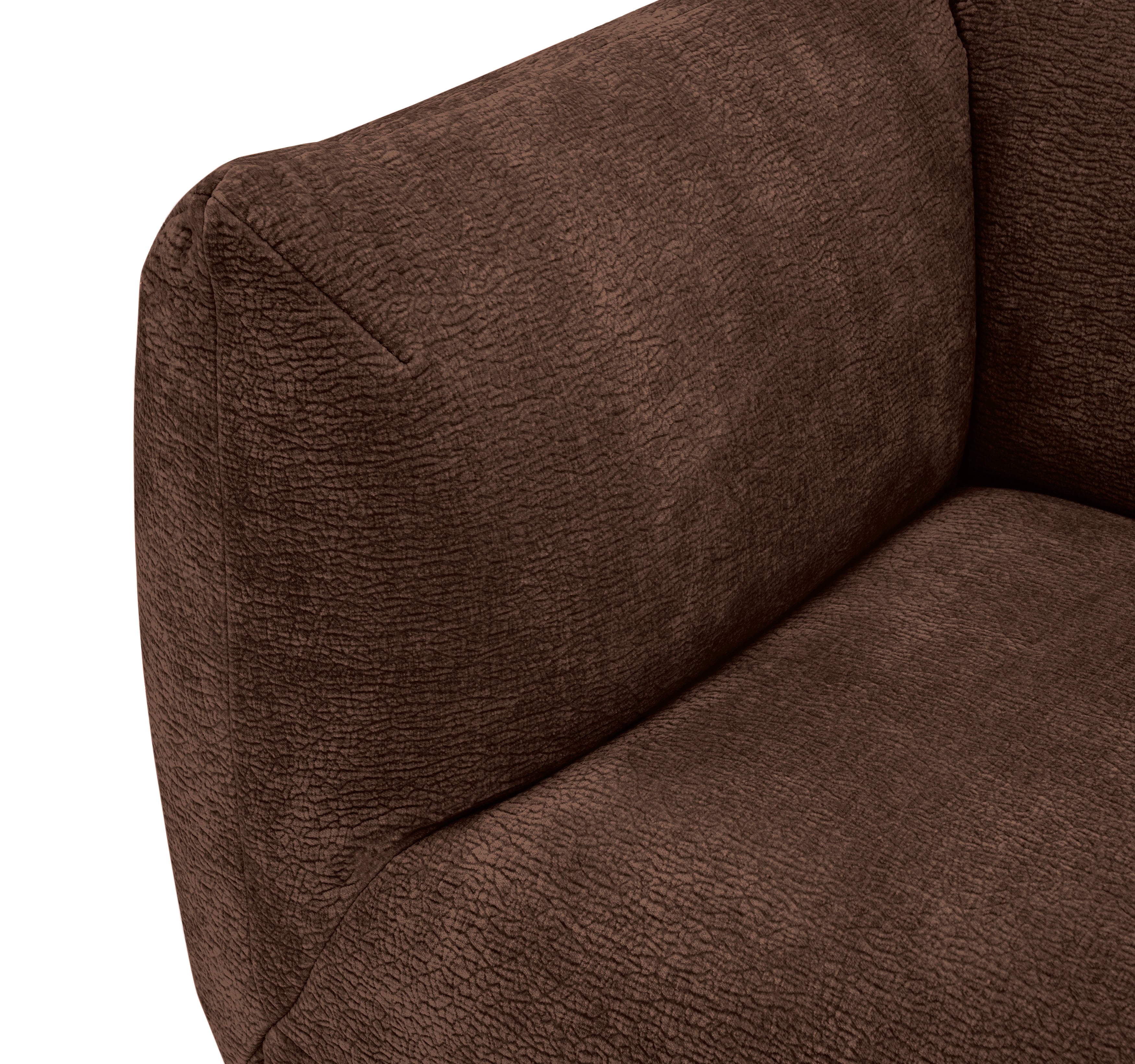 Canapé d’angle droit Sainte-Croix en tissu chenille marron Paname Avenue, zoom sur l’accoudoir