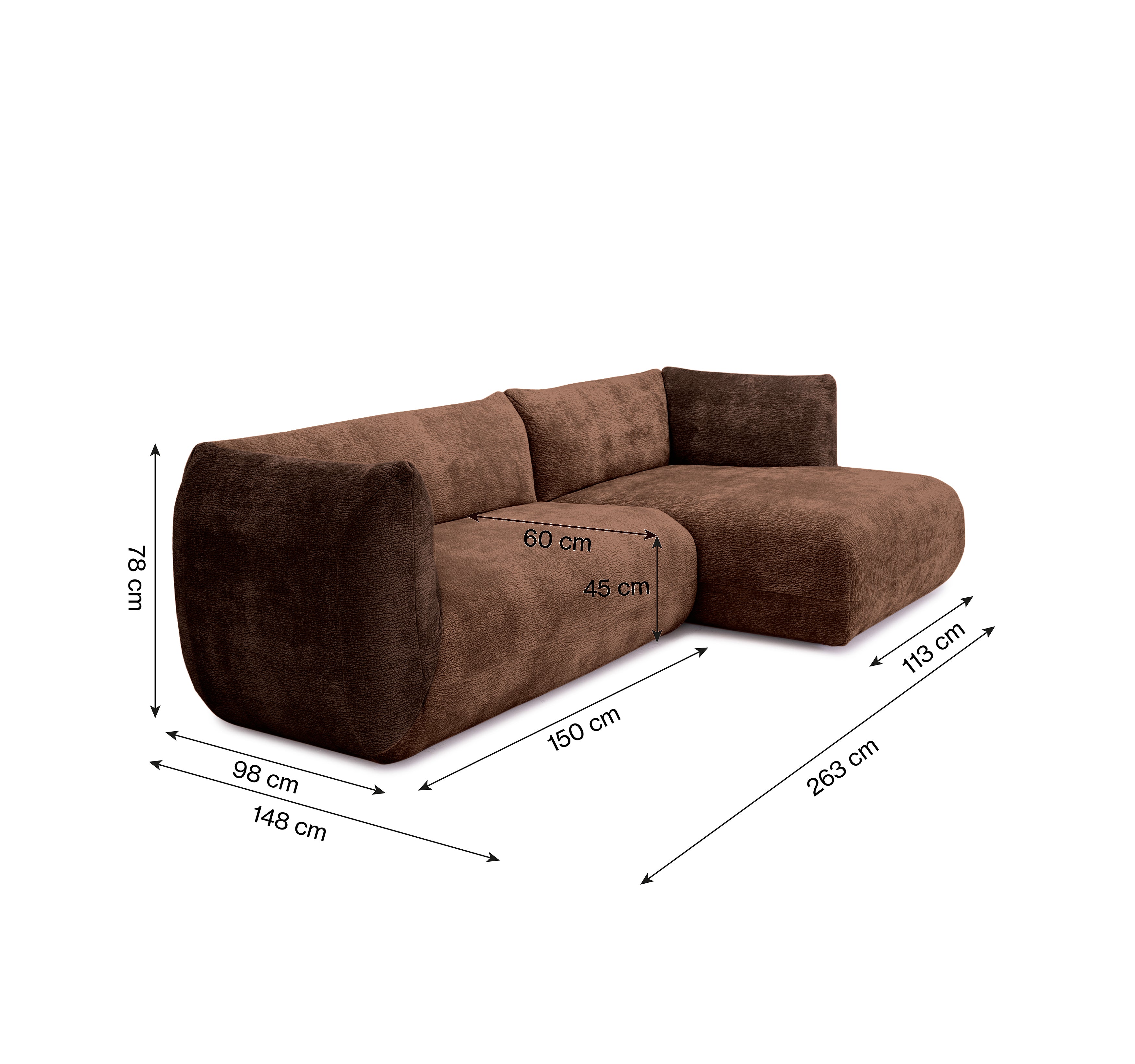 Canapé d’angle droit Sainte-Croix en tissu chenille marron Paname Avenue, schéma des dimensions