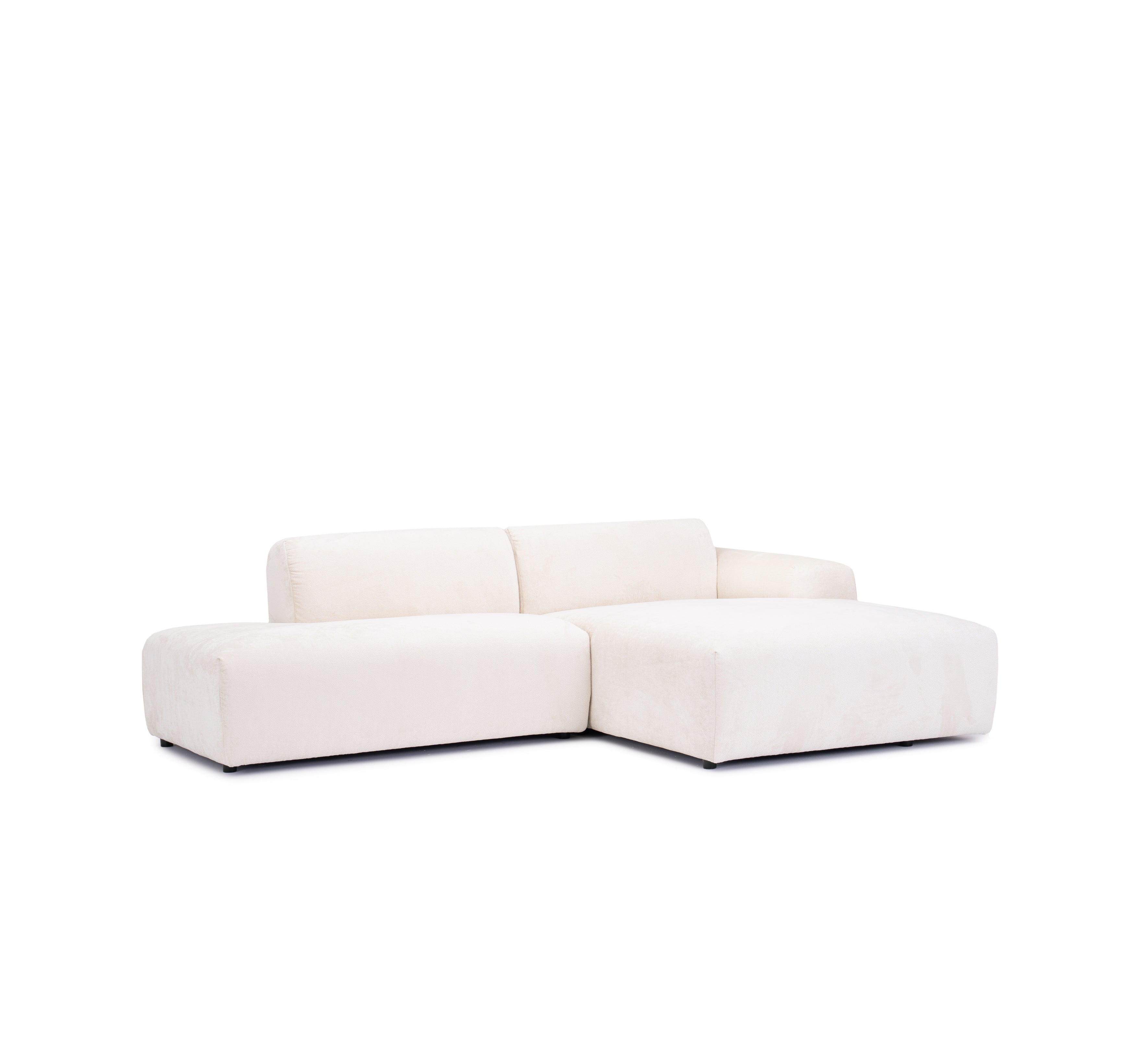 Canapé d’angle droit Temple en tissu chenille crème Paname Avenue, vue trois-quarts sur fond blanc