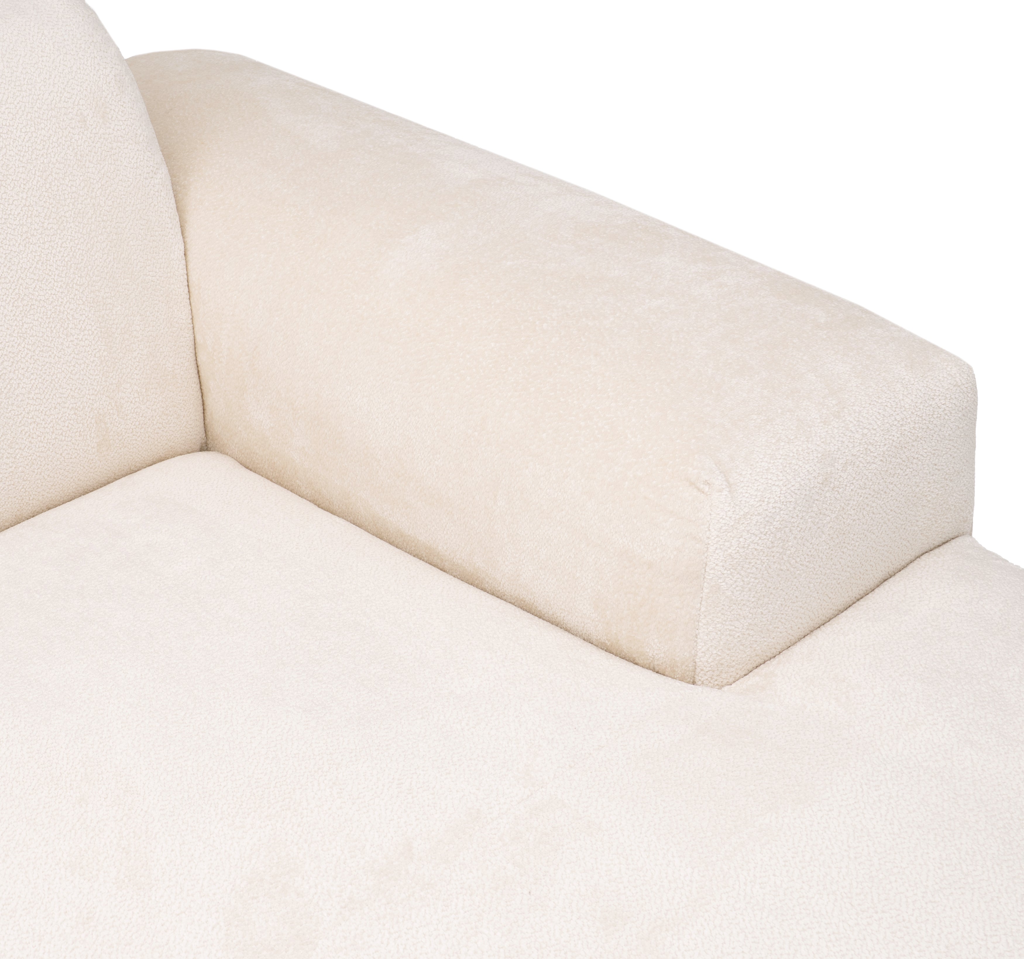 Canapé d’angle droit Temple en tissu chenille crème Paname Avenue, zoom sur l’accoudoir
