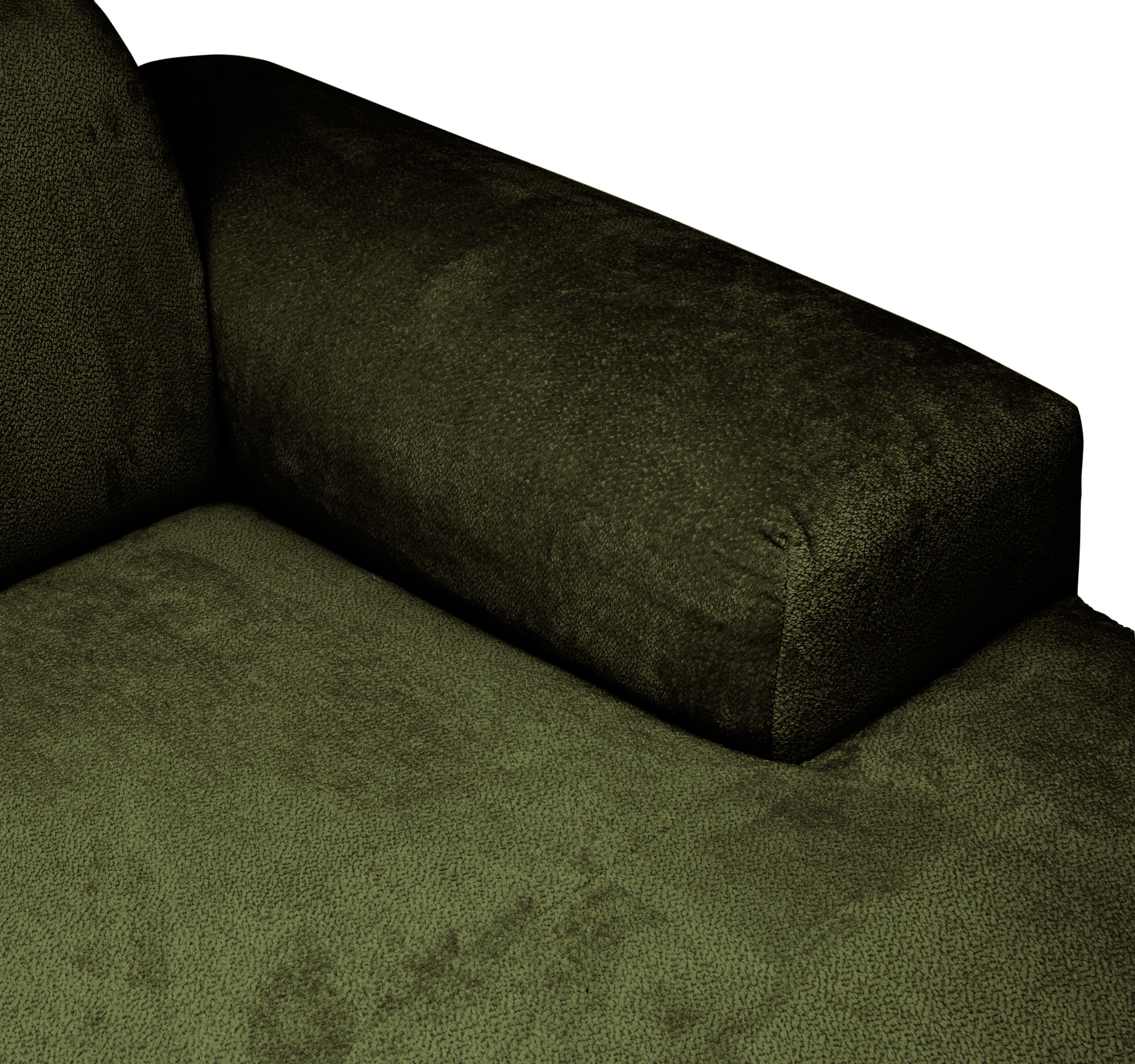 Canapé d’angle droit Temple en tissu chenille vert olive Paname Avenue, zoom sur l’accoudoir