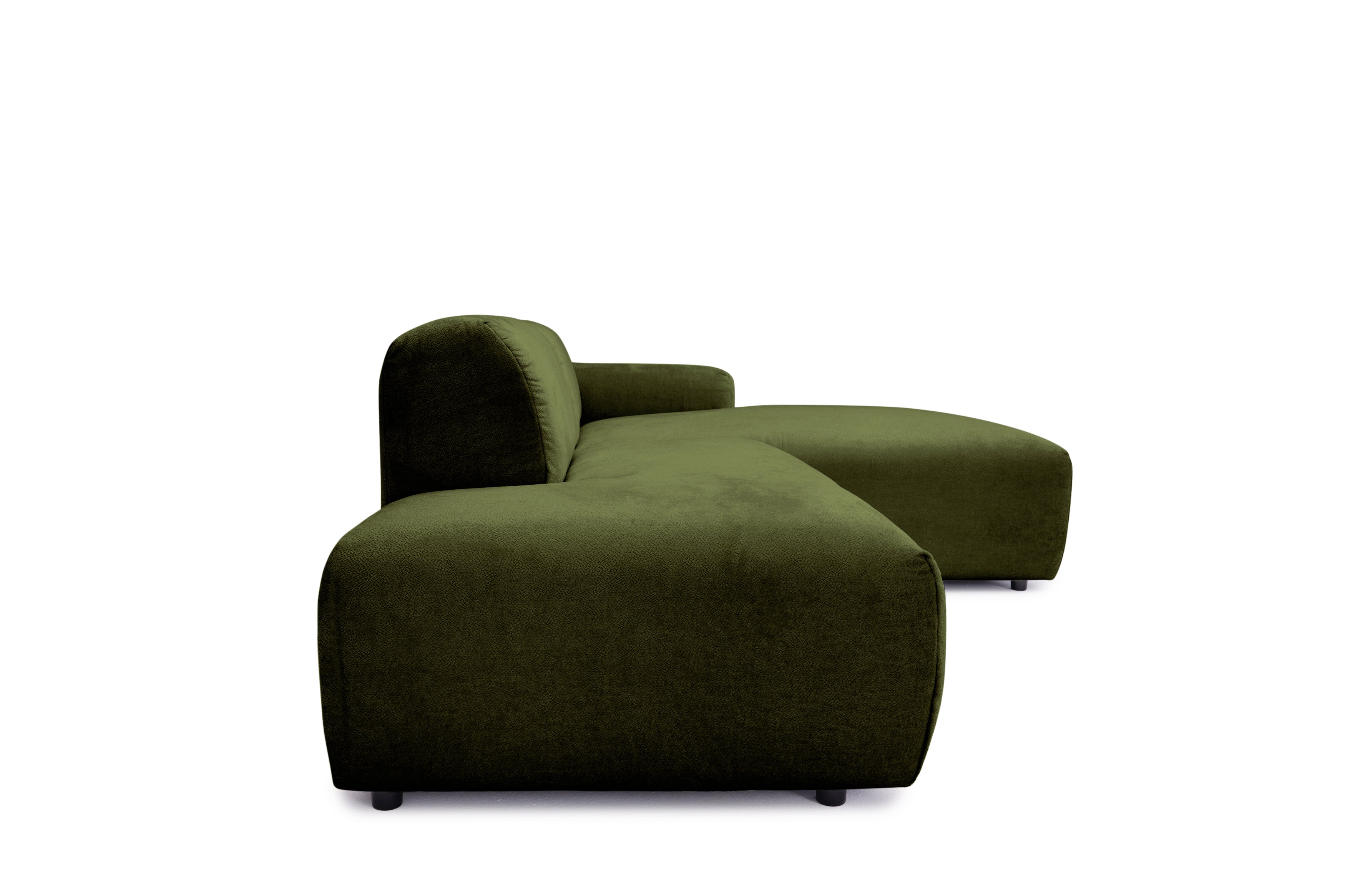 Canapé d’angle droit Temple en tissu chenille vert olive Paname Avenue, vue de profil sur fond blanc