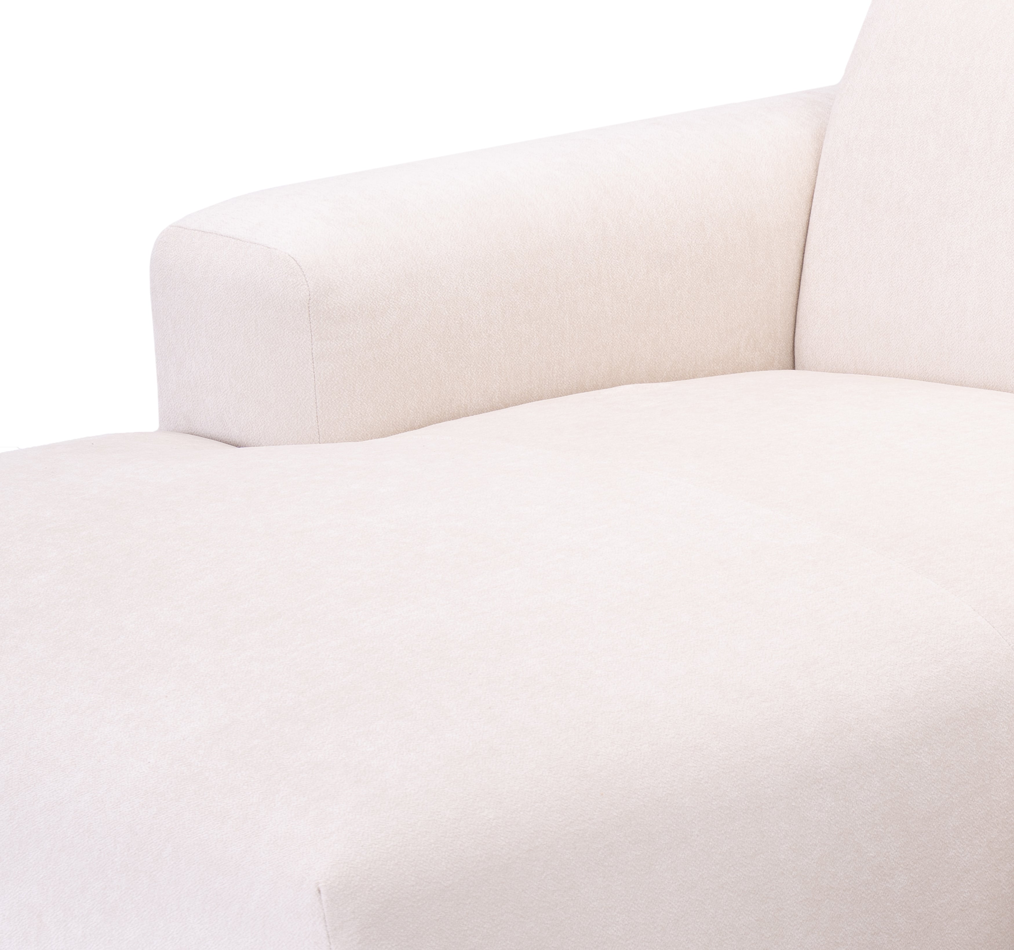Canapé d’angle gauche Archives en tissu chenille beige Paname Avenue, zoom sur l’accoudoir