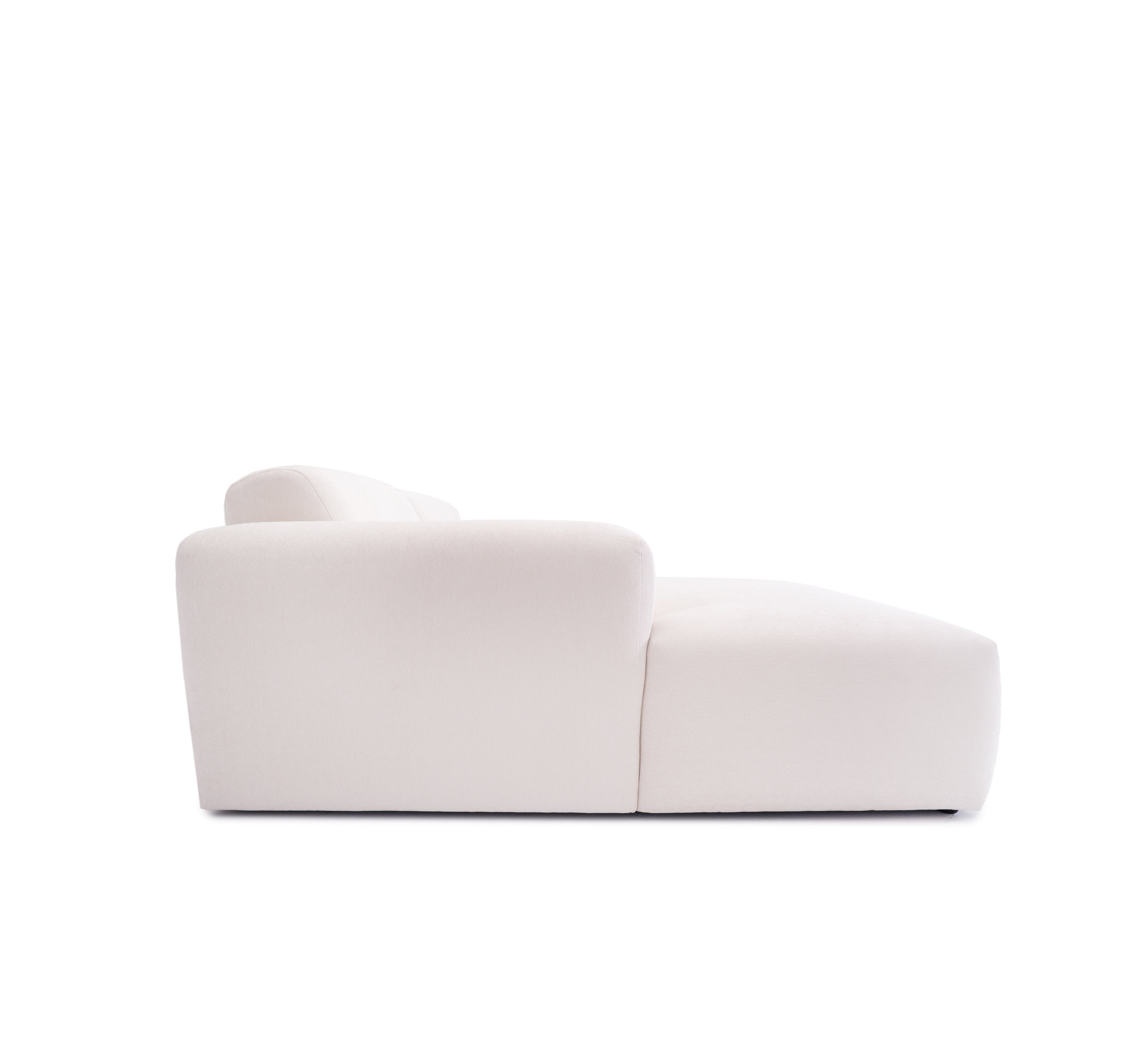 Canapé d’angle gauche Archives en tissu chenille beige Paname Avenue, vue de profil sur fond blanc