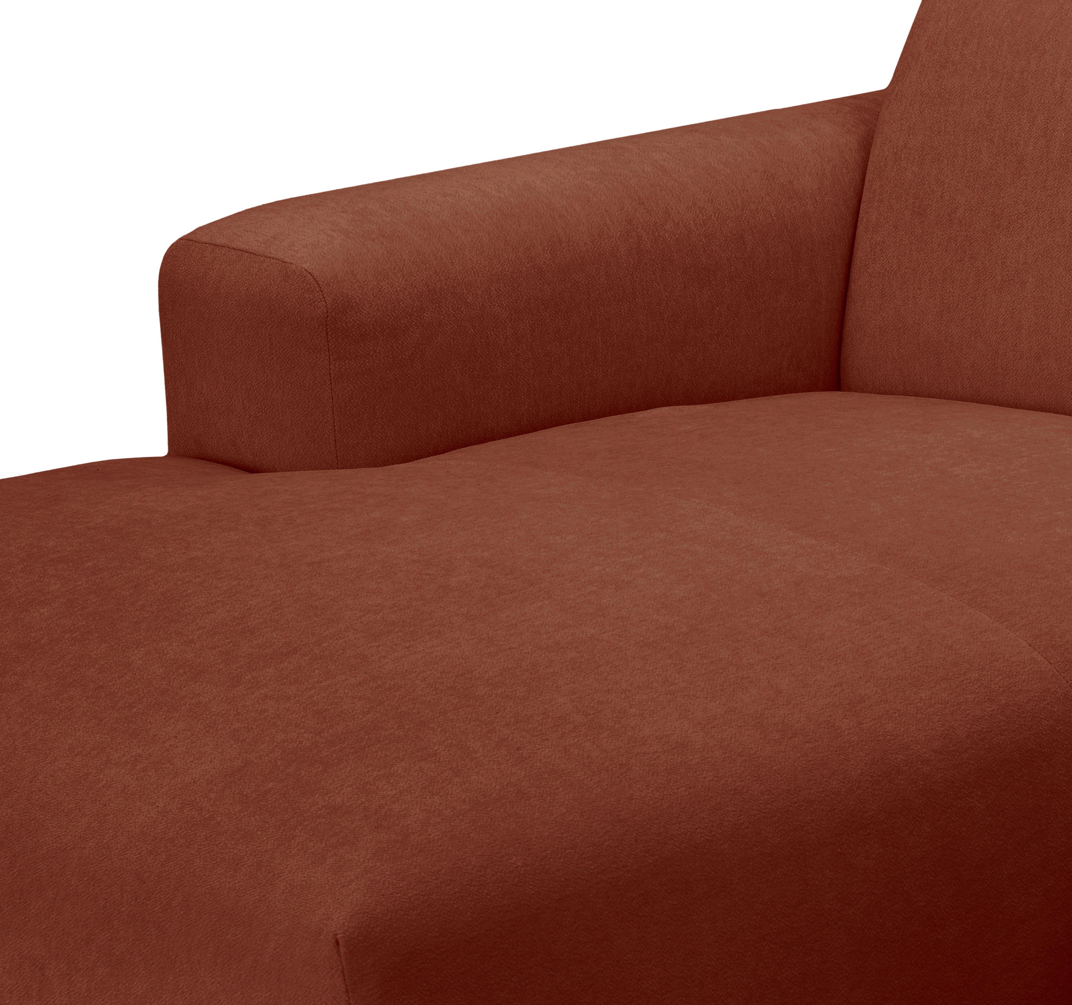 Canapé d’angle gauche Archives en tissu chenille terracotta Paname Avenue, zoom sur l’accoudoir