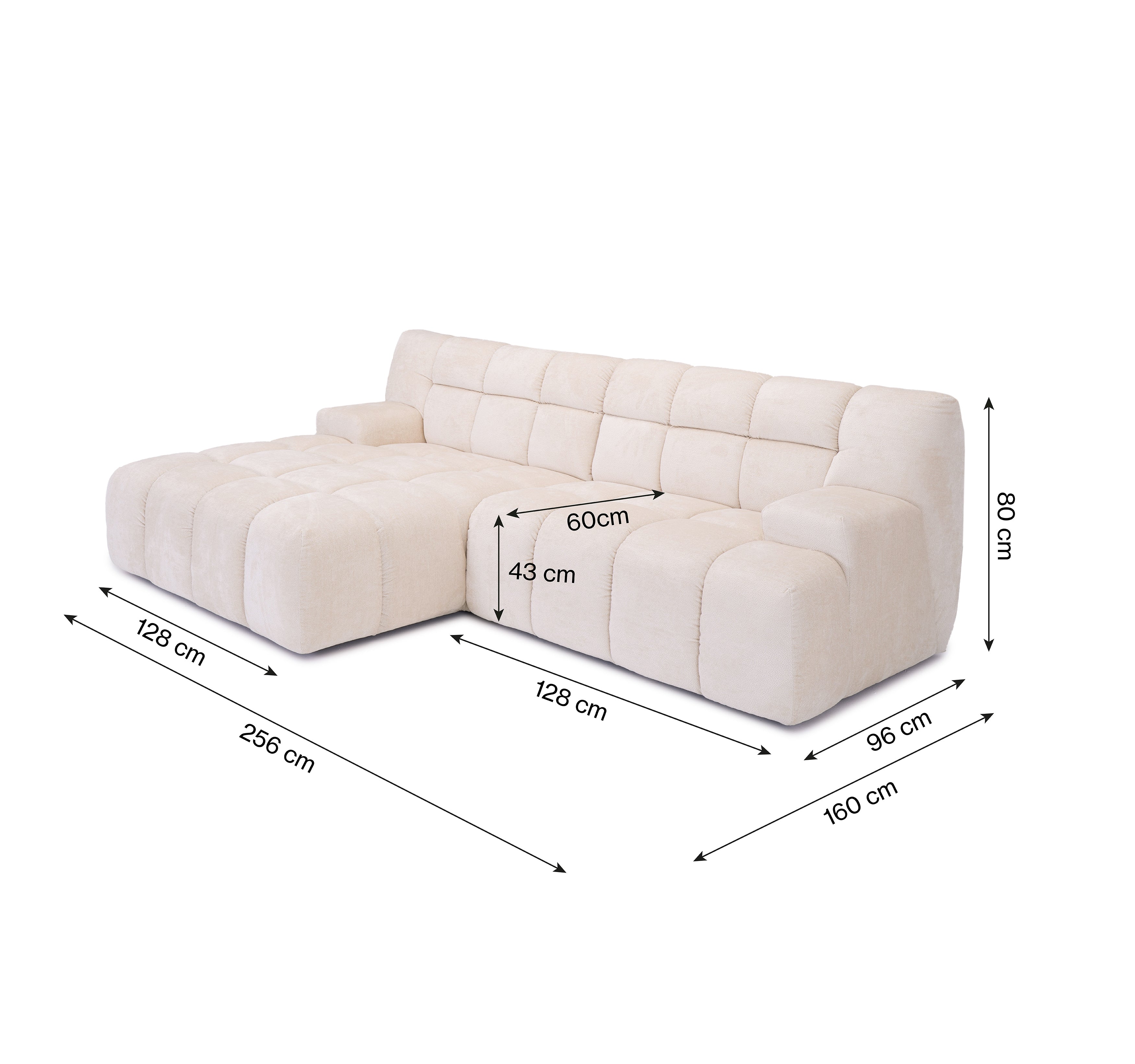 Canapé d’angle gauche Caire en tissu chenille crème Paname Avenue, schéma des dimensions