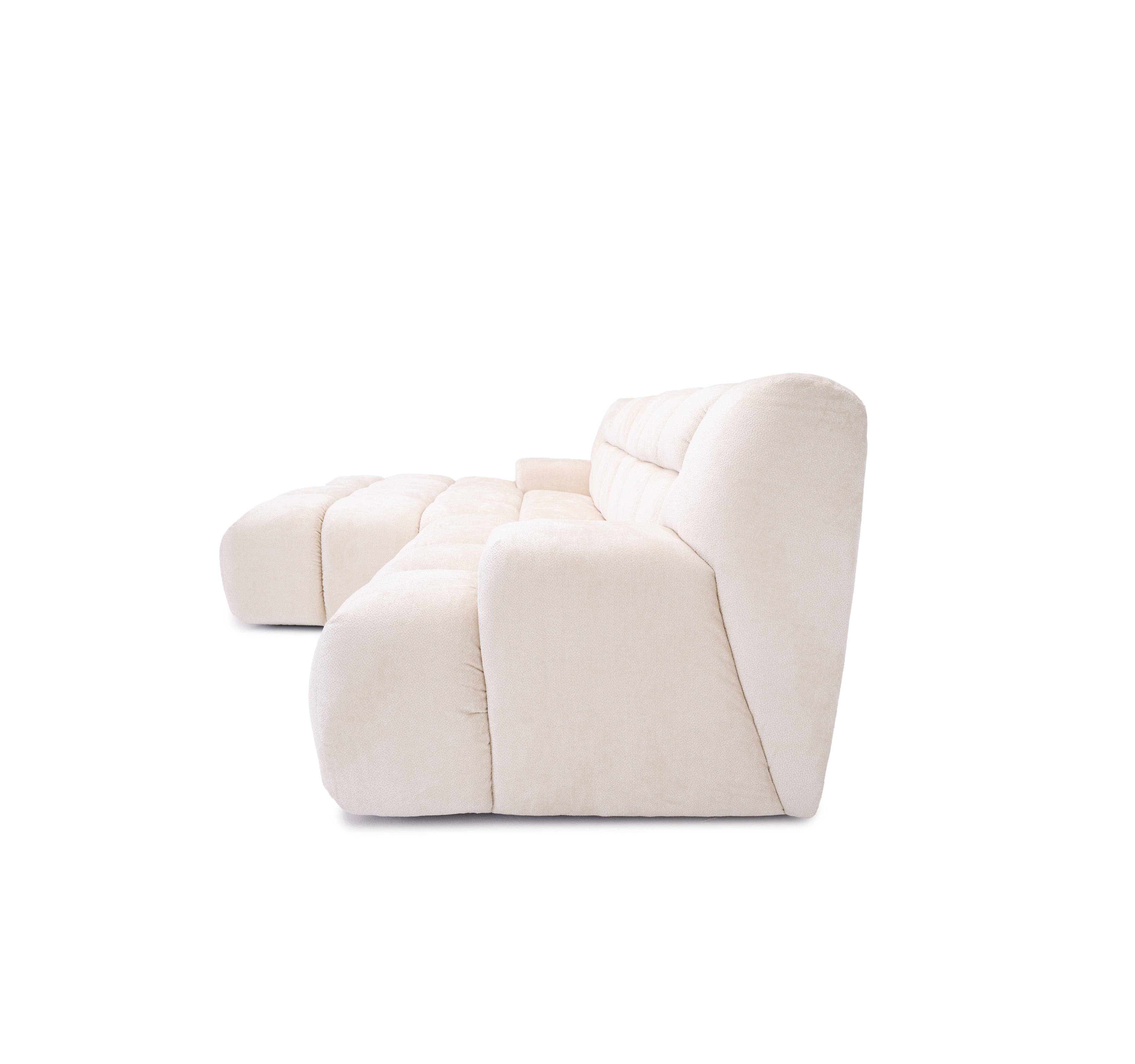 Canapé d’angle gauche Caire en tissu chenille crème Paname Avenue, vue de profil sur fond blanc