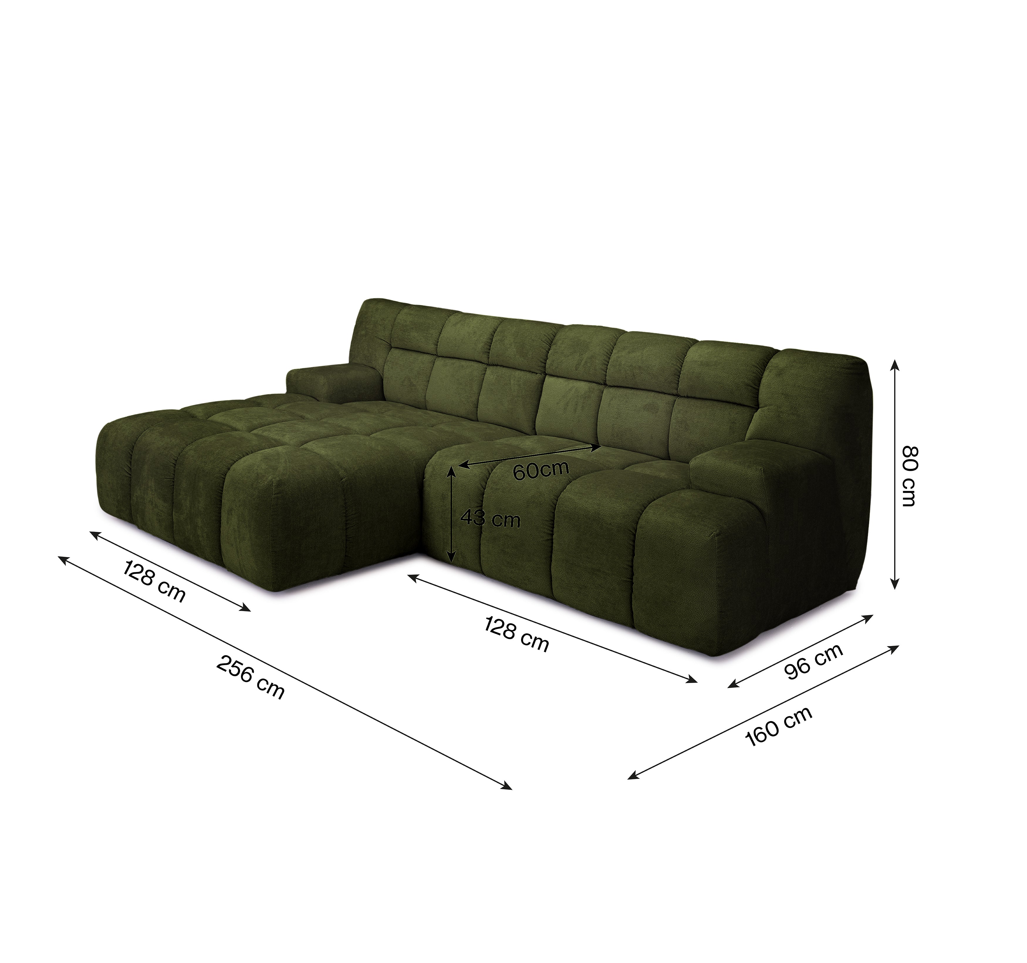 Canapé d’angle gauche Caire en tissu chenille vert olive Paname Avenue, schéma des dimensions