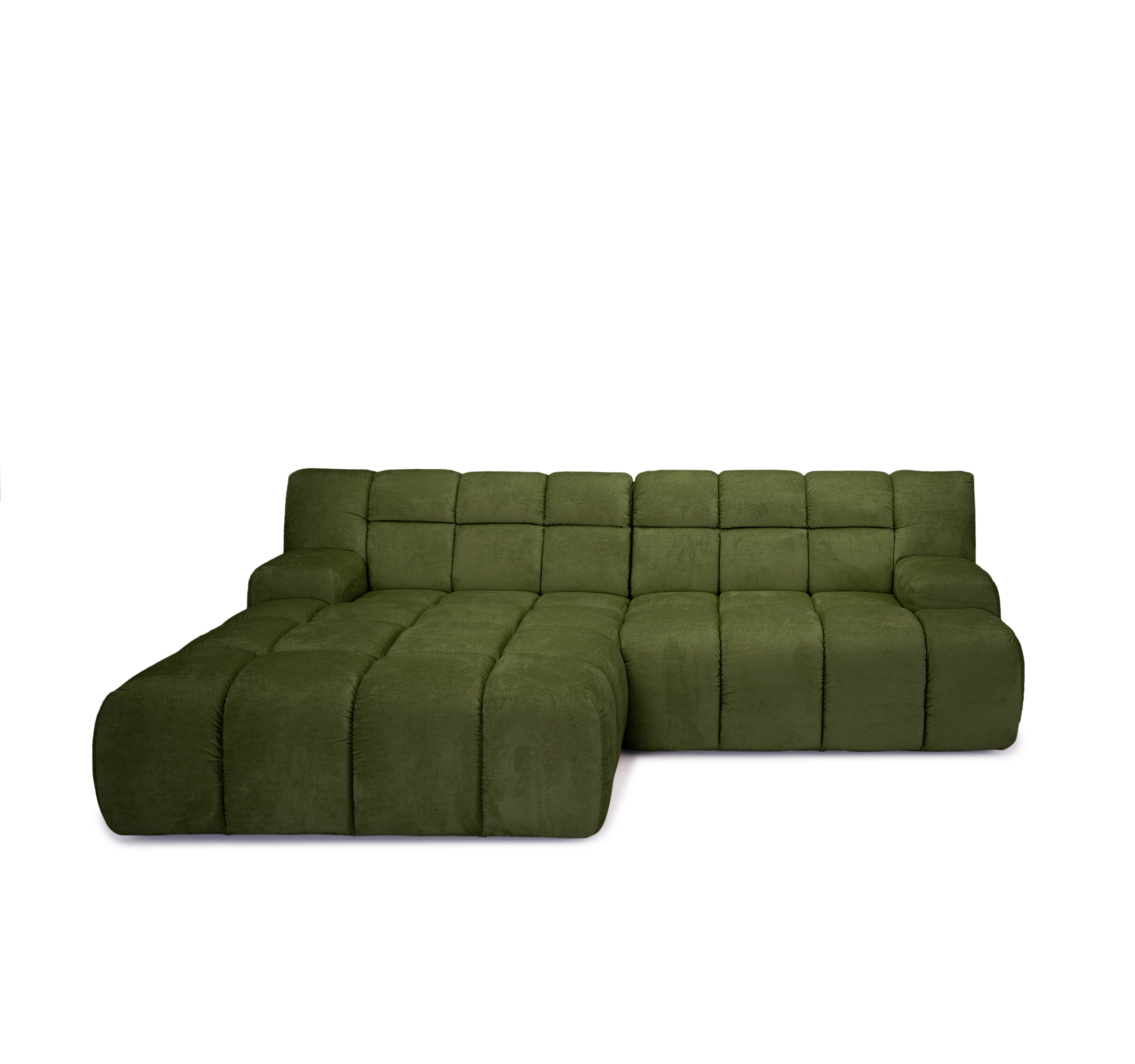 Canapé d’angle gauche Caire en tissu chenille vert olive Paname Avenue, vue de face sur fond blanc