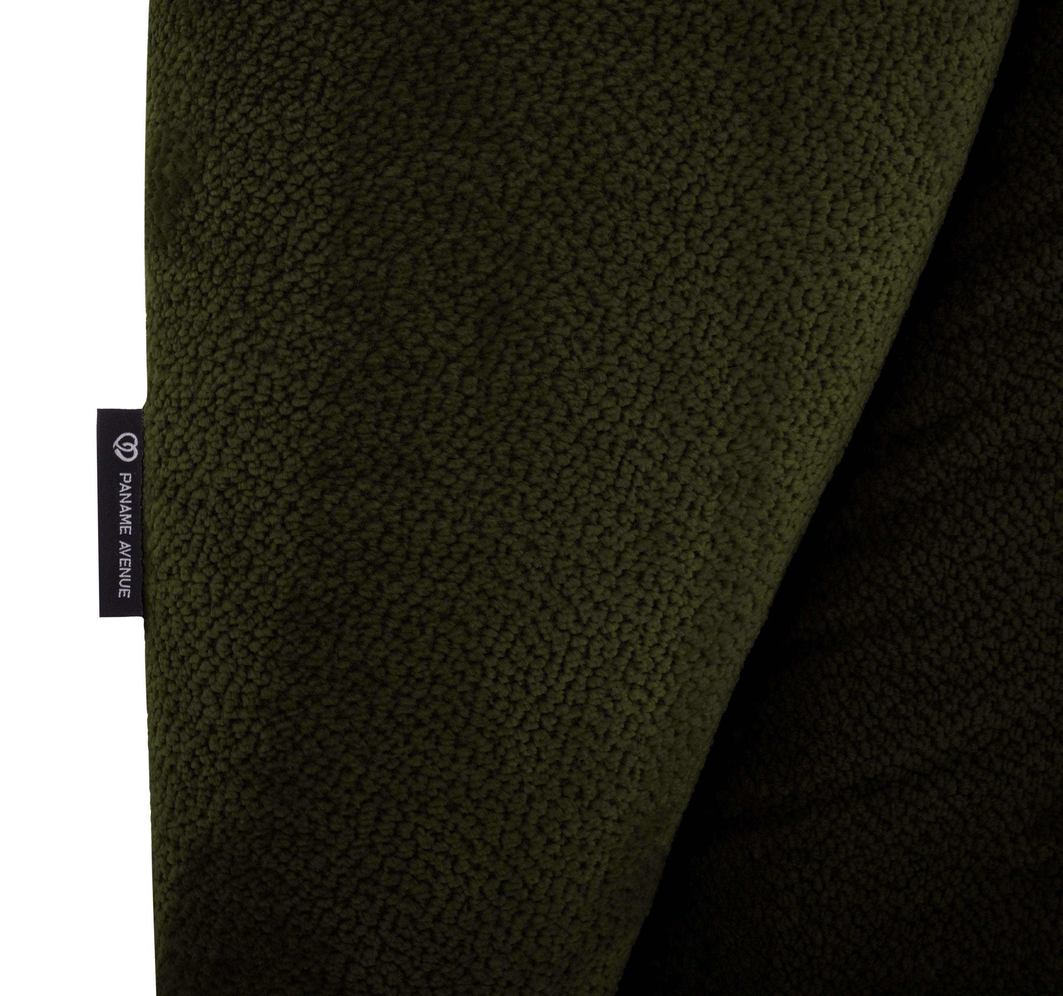 Canapé d’angle gauche Caire en tissu chenille vert olive Paname Avenue, détail du label de la marque