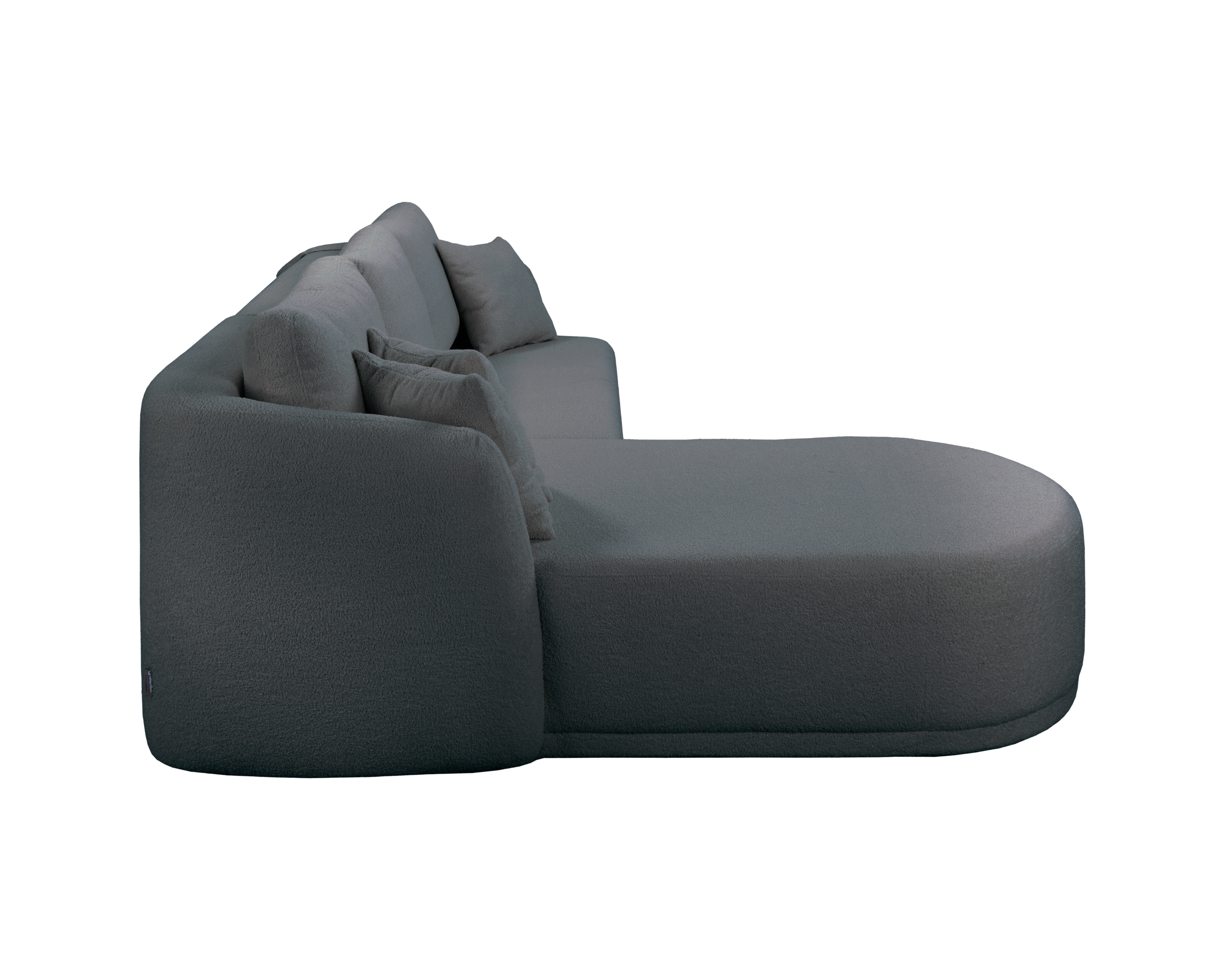 Canapé d’angle droit Charlot en tissu bouclette anthracite Paname Avenue, vue de profil sur fond blanc