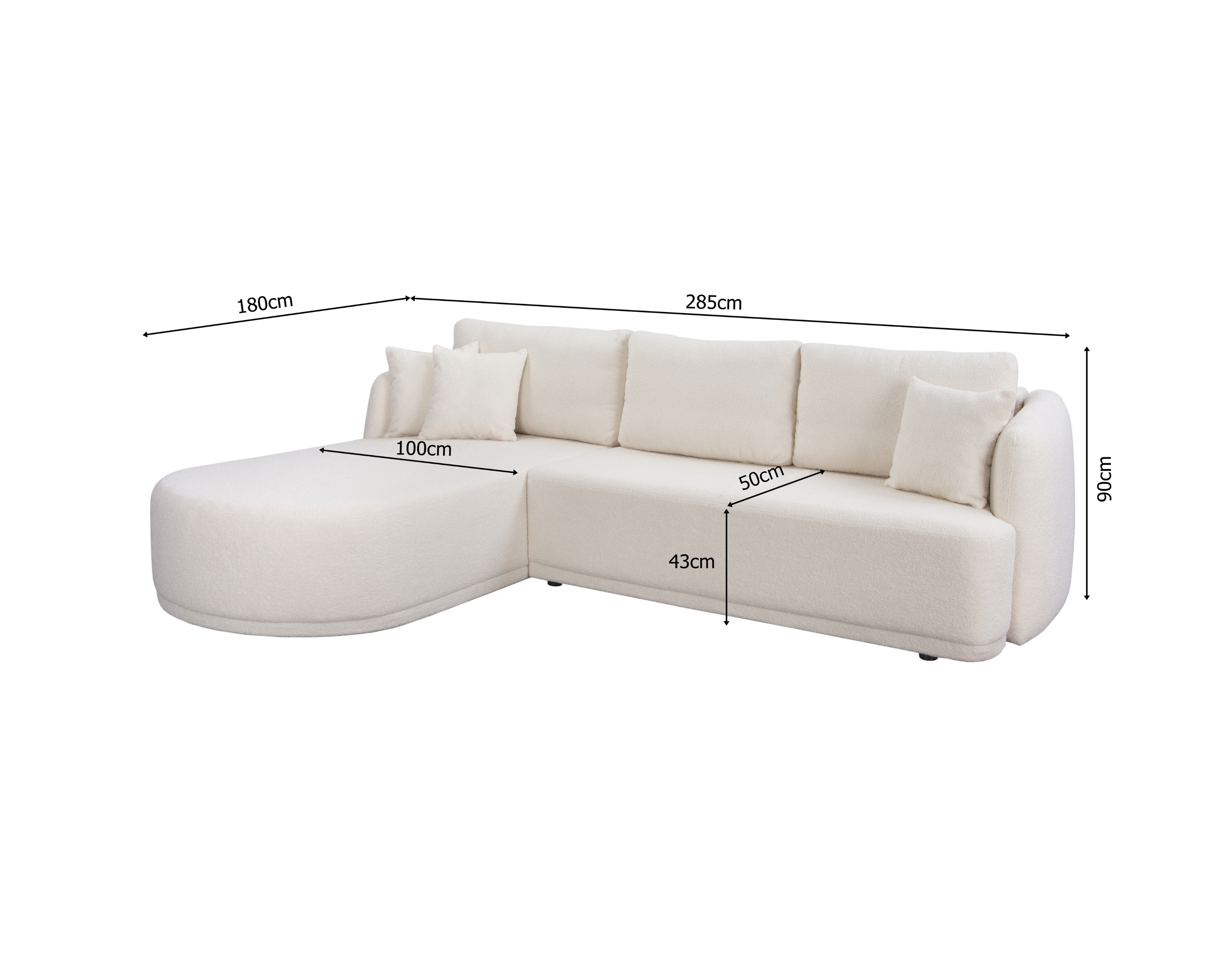 Canapé d’angle gauche Charlot en tissu bouclette beige Paname Avenue, schéma des dimensions
