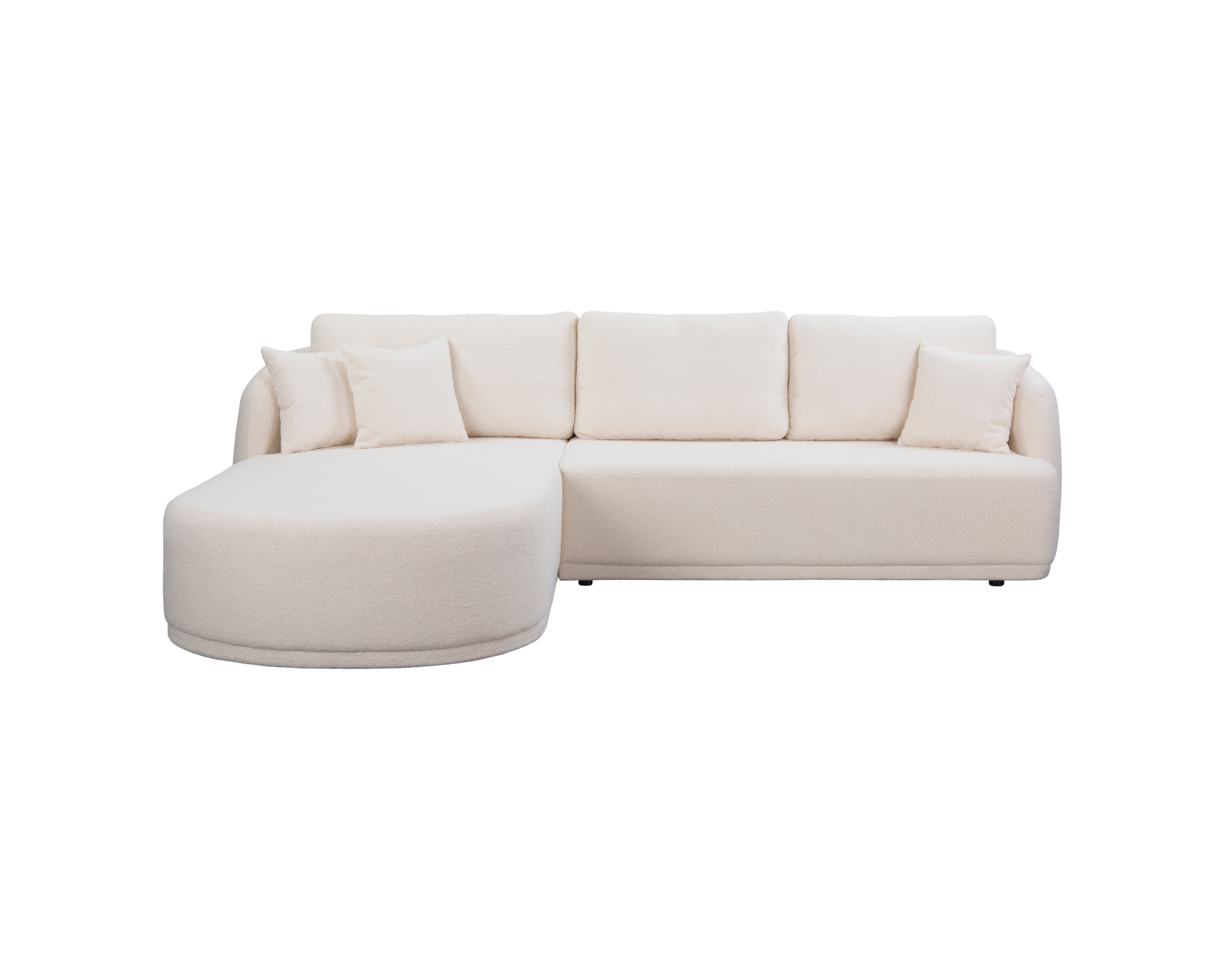 Canapé d’angle gauche Charlot en tissu bouclette beige Paname Avenue, vue de face sur fond blanc