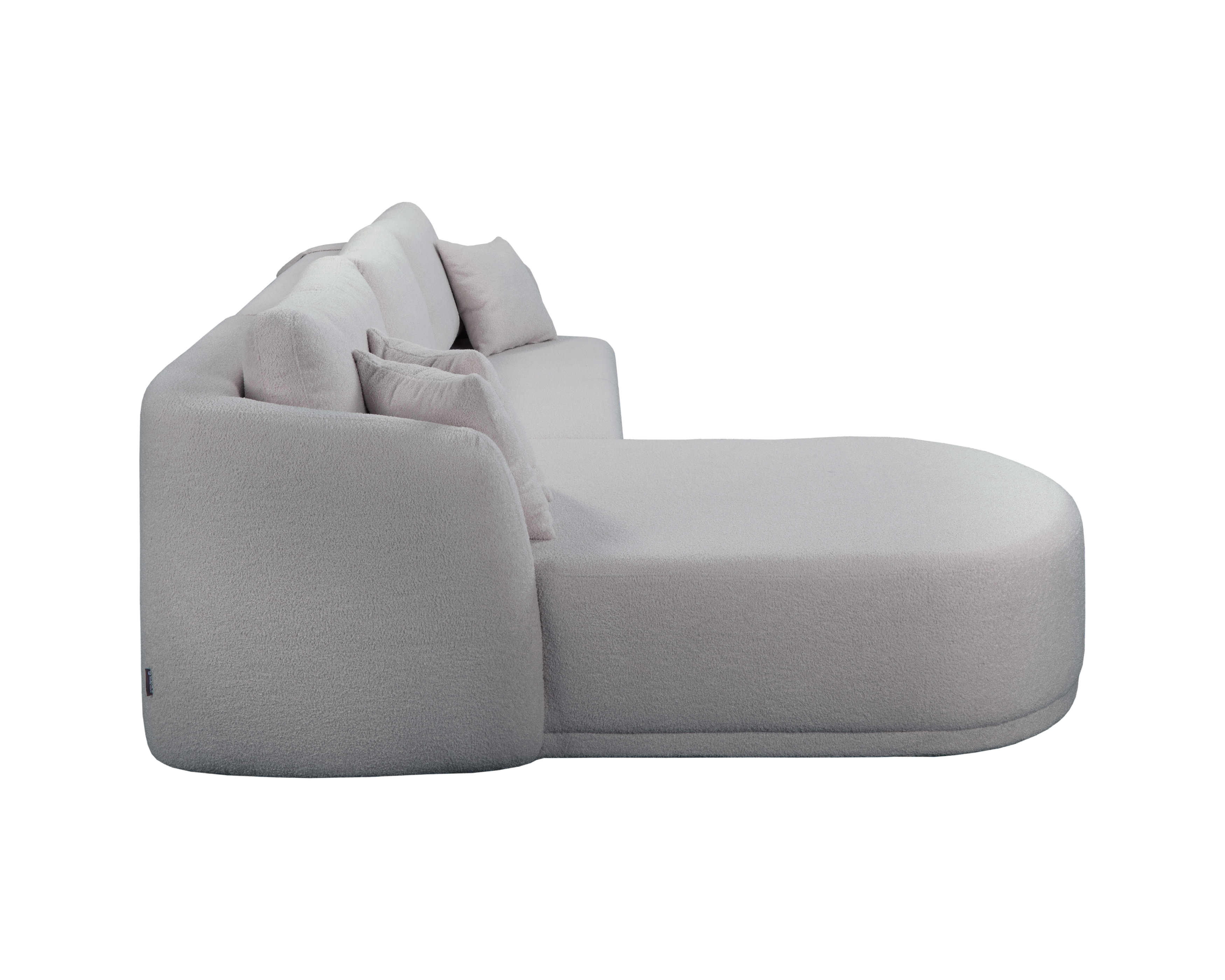 Canapé d’angle droit Charlot en tissu bouclette gris Paname Avenue, vue de profil sur fond blanc