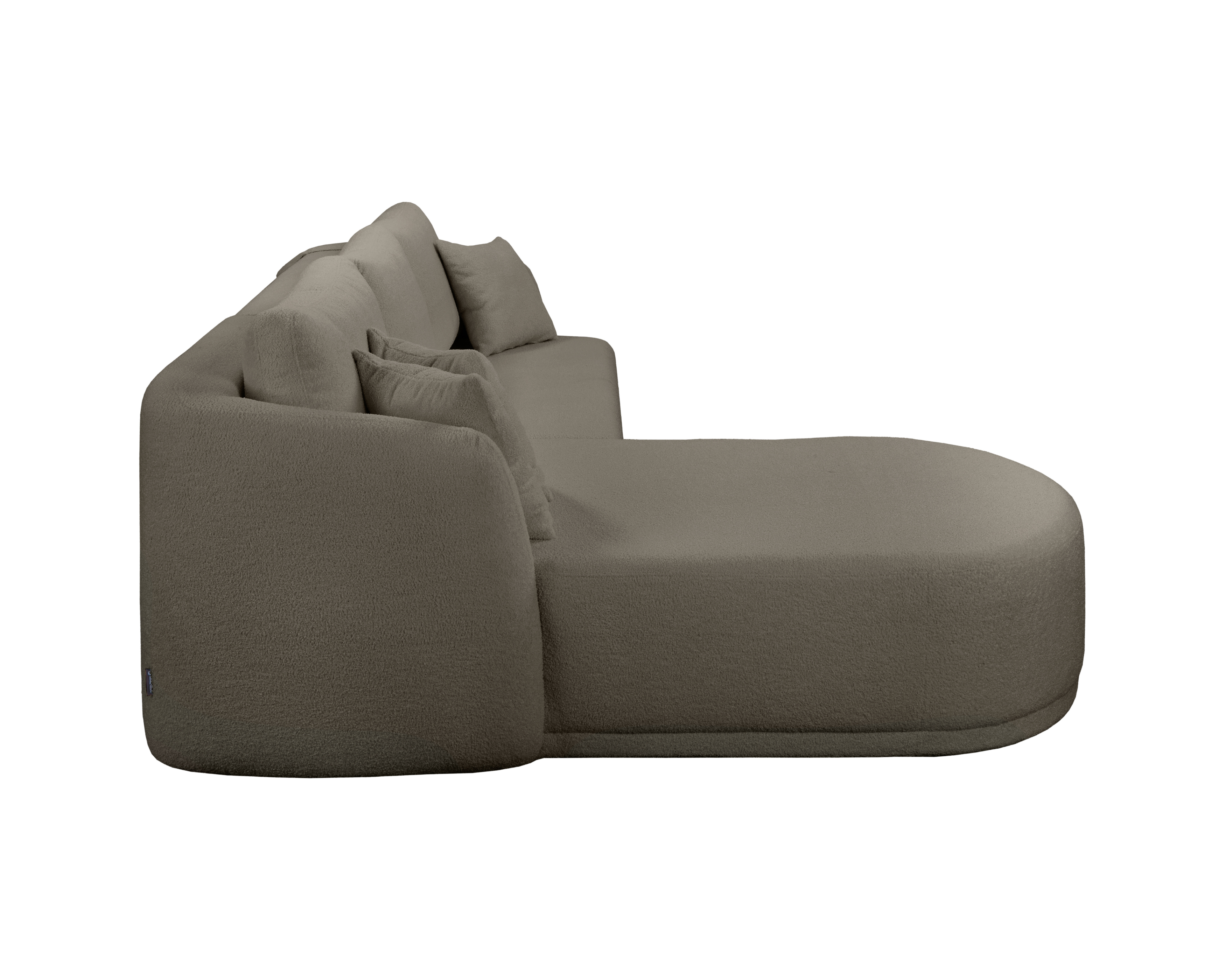 Canapé d’angle droit Charlot en tissu bouclette taupe Paname Avenue, vue de profil sur fond blanc