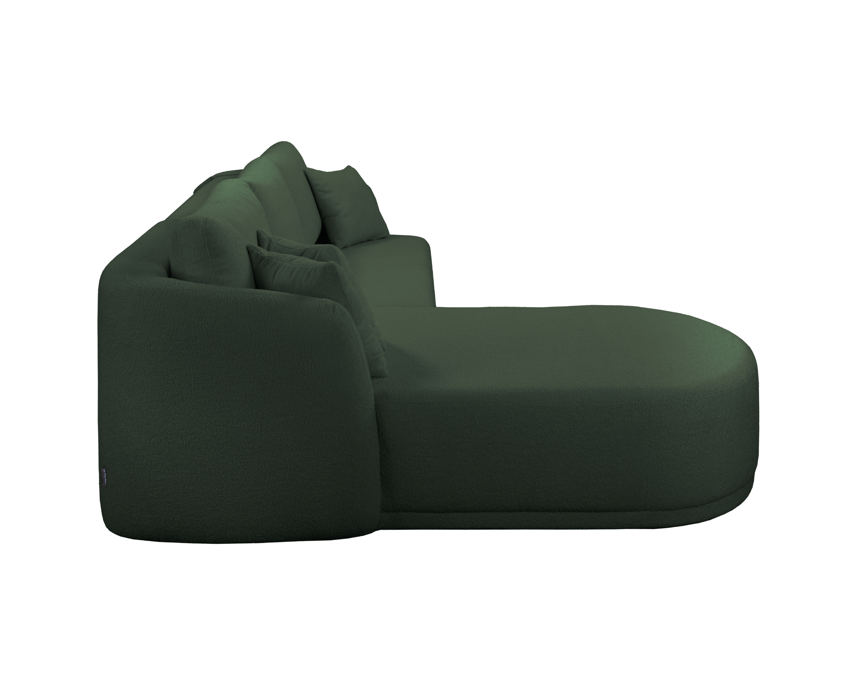 Canapé d’angle droit Charlot en tissu bouclette vert Paname Avenue, vue de profil sur fond blanc