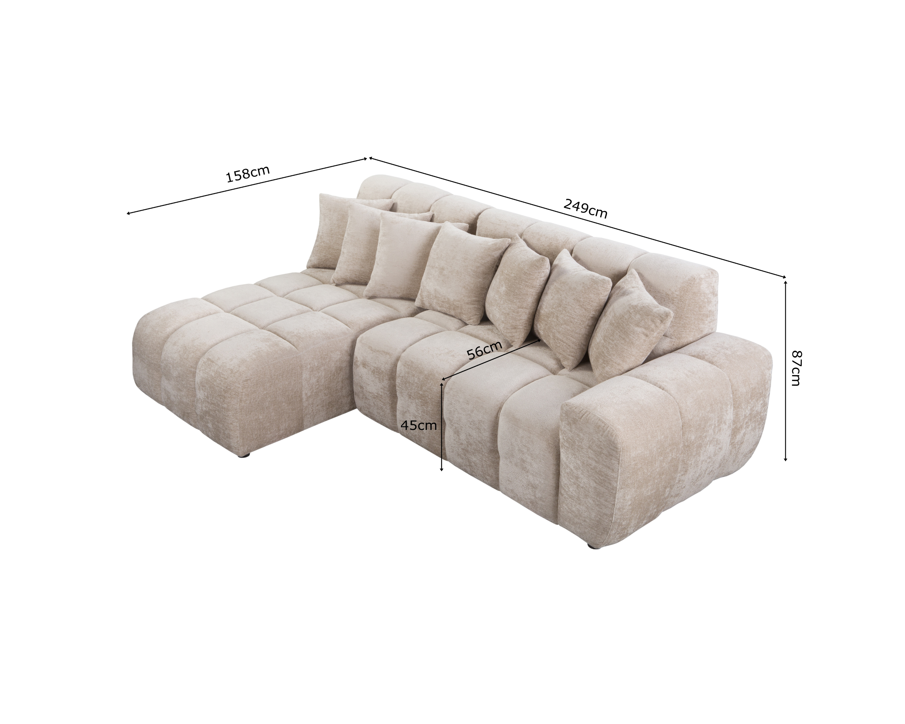 Canapé d’angle gauche Fontaine au Roi en tissu chenille beige Paname Avenue, schéma des dimensions
