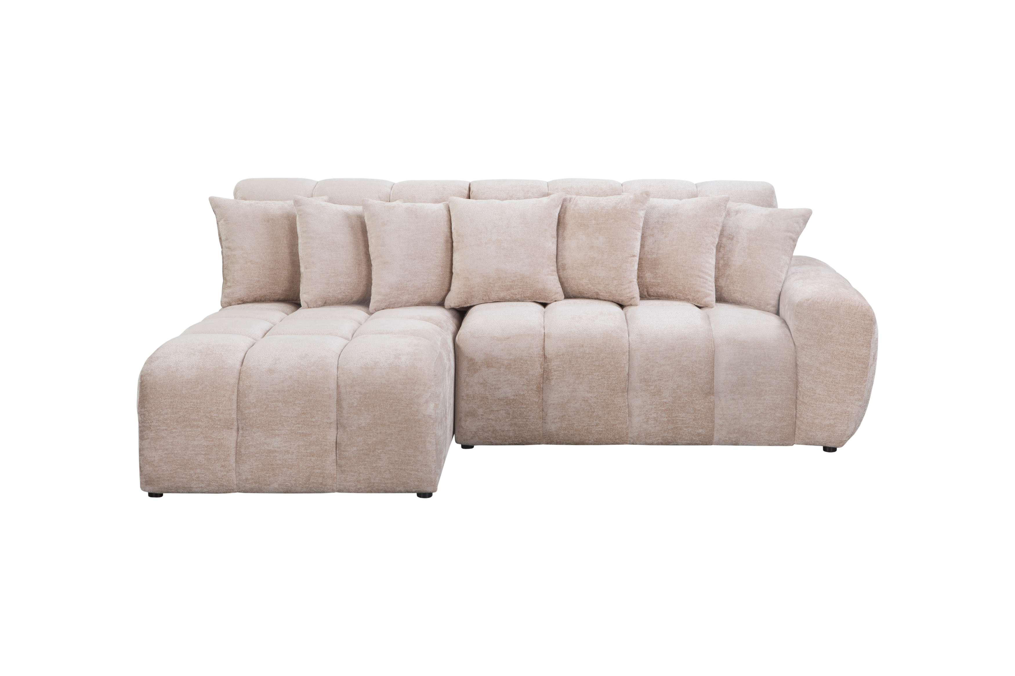 Canapé d’angle gauche Fontaine au Roi en tissu chenille beige Paname Avenue, vue de face sur fond blanc
