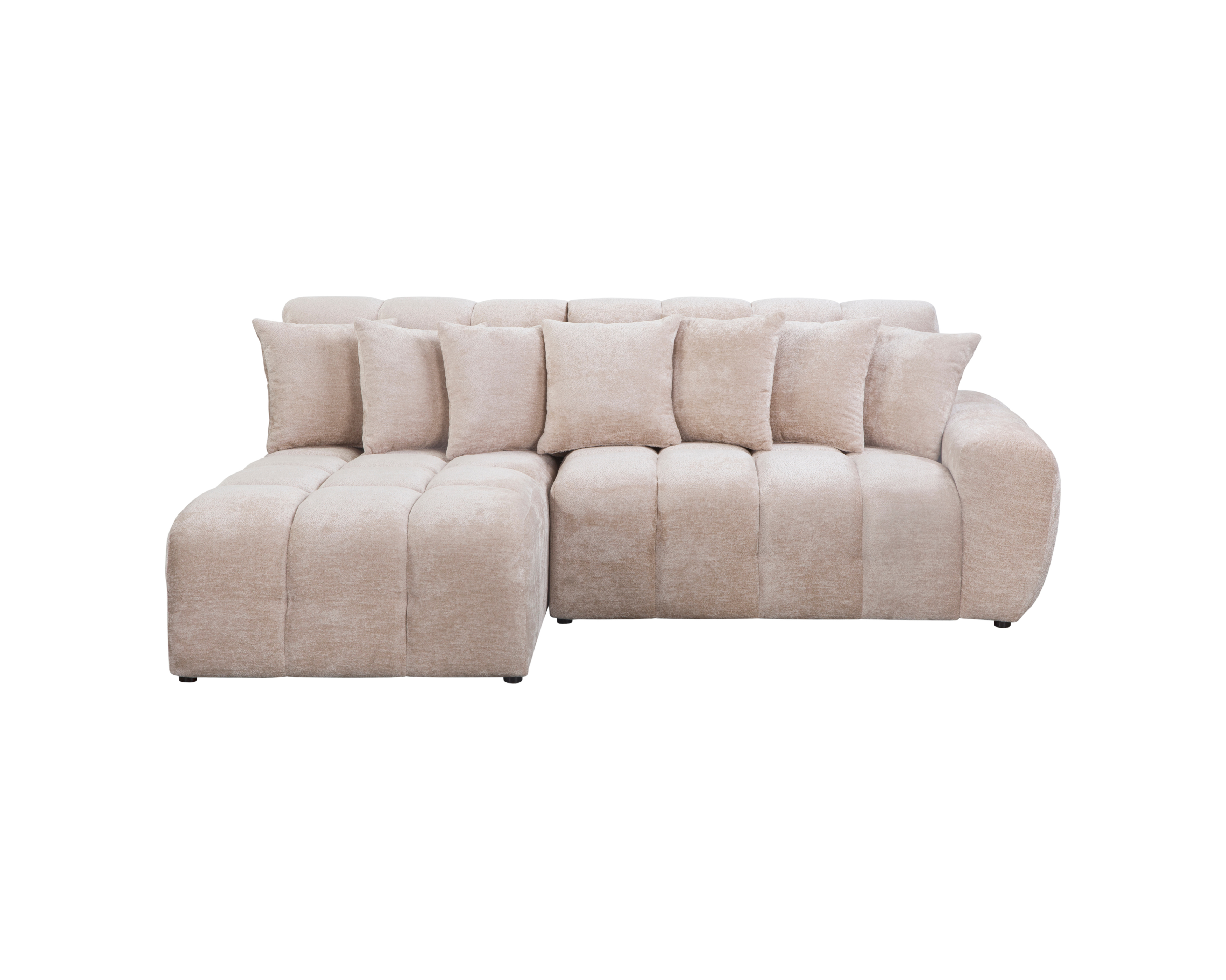 Canapé d’angle gauche Fontaine au Roi en tissu chenille beige Paname Avenue, vue de face sur fond blanc