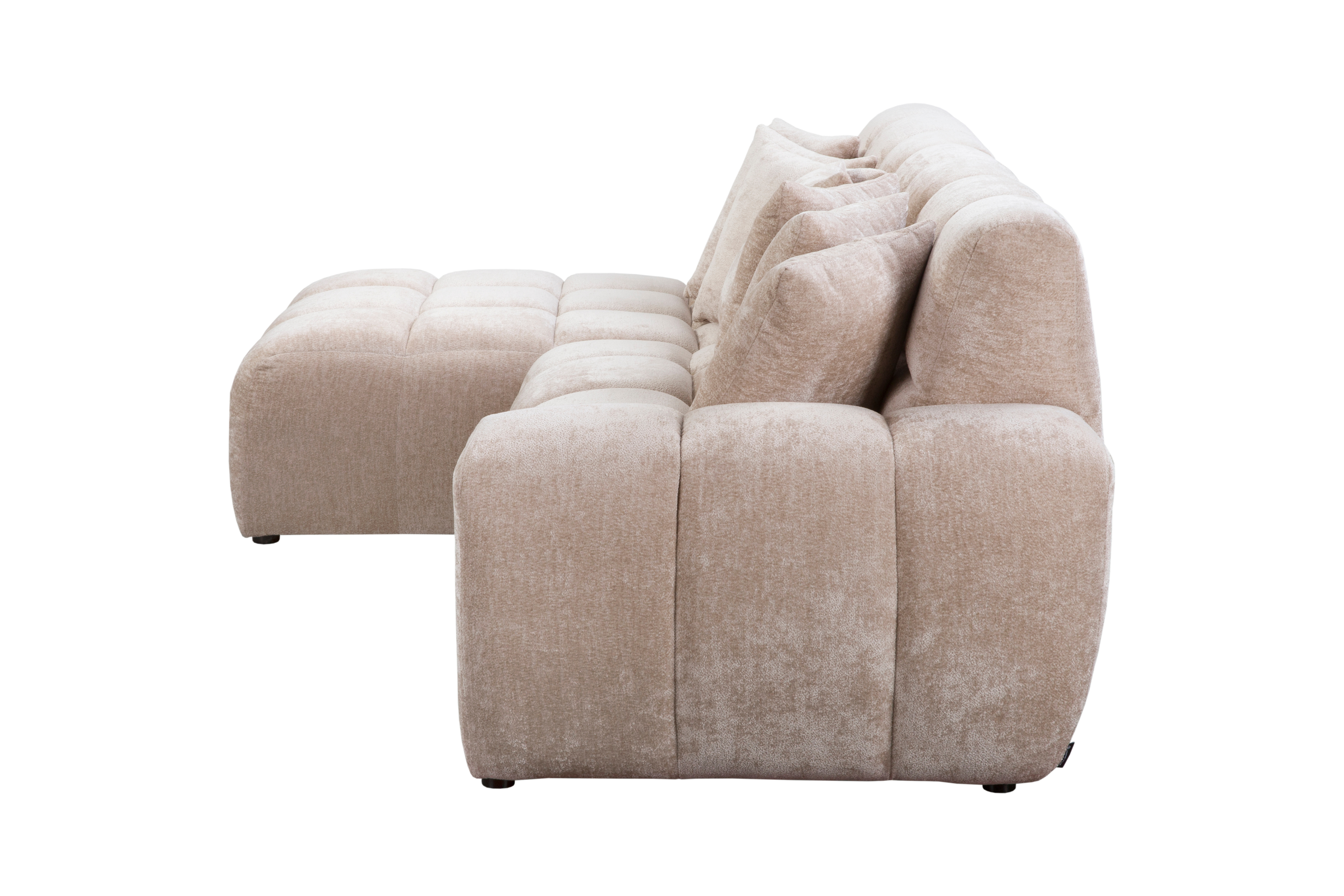 Canapé d’angle gauche Fontaine au Roi en tissu chenille beige Paname Avenue, vue de profil sur fond blanc