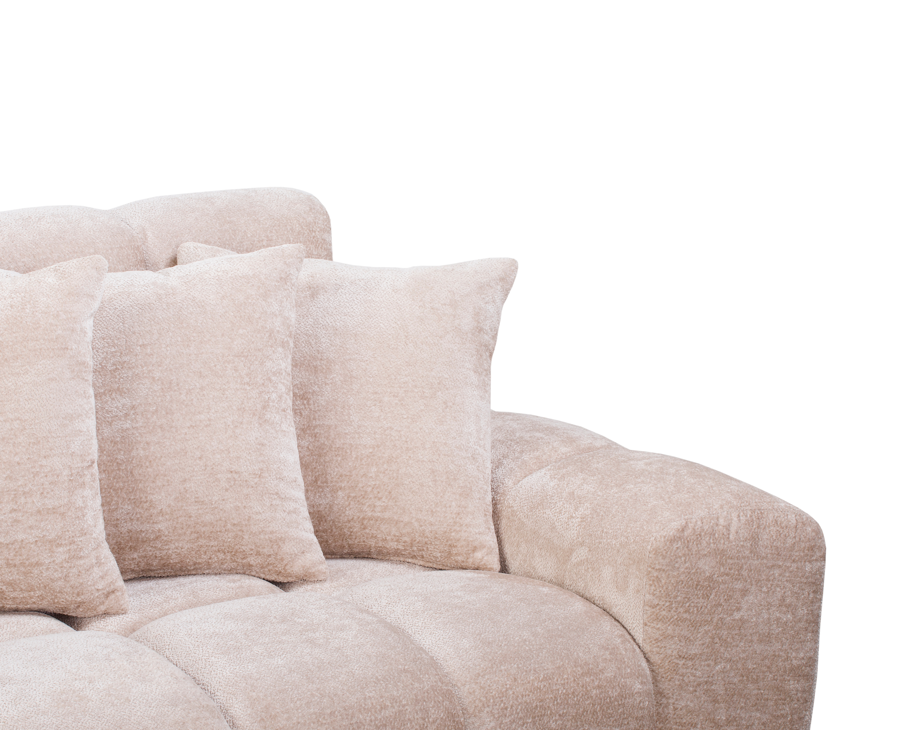 Canapé d’angle gauche Fontaine au Roi en tissu chenille beige Paname Avenue, zoom sur les coussins