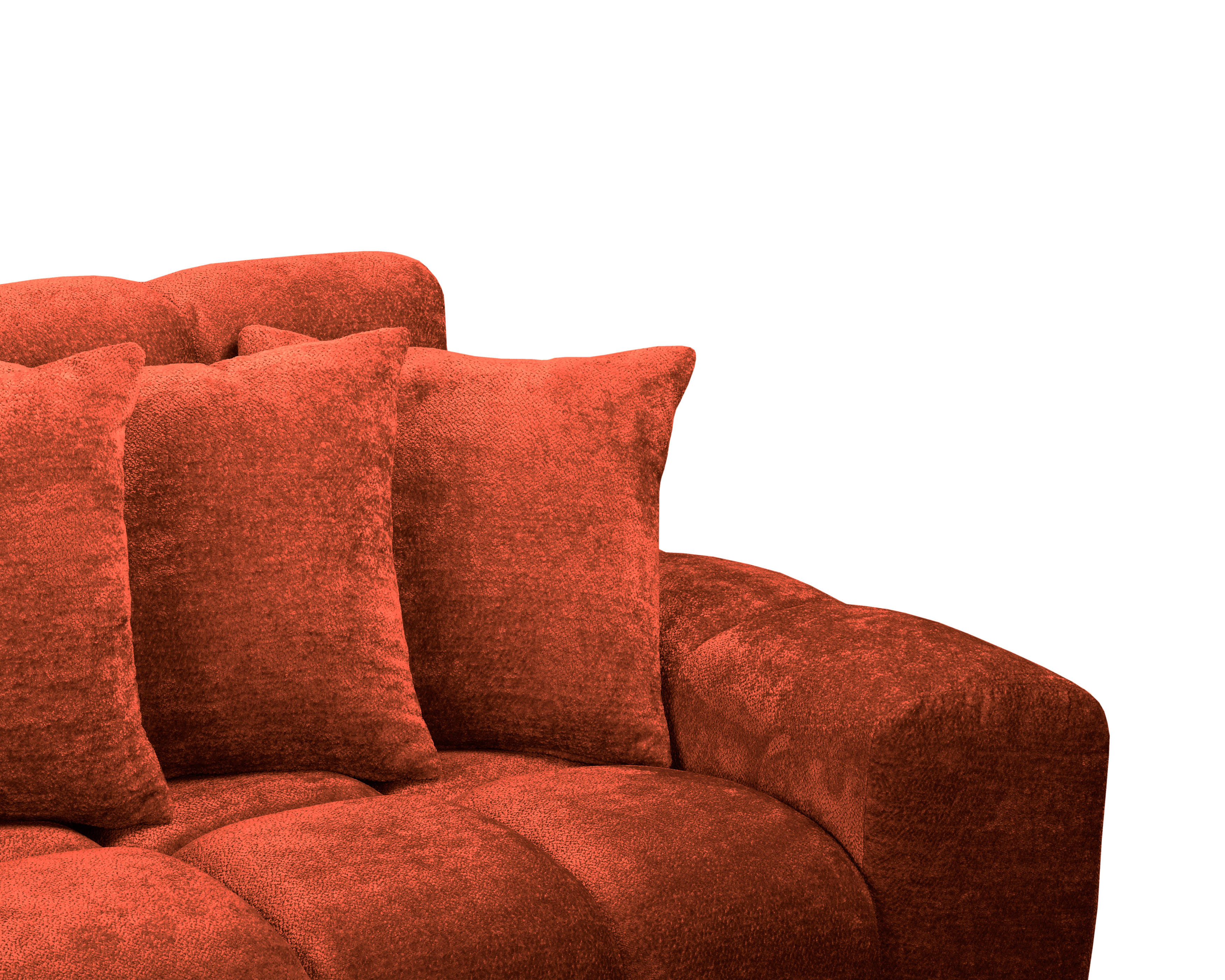 Canapé d’angle gauche Fontaine au Roi en tissu chenille terracotta Paname Avenue, zoom sur les coussins