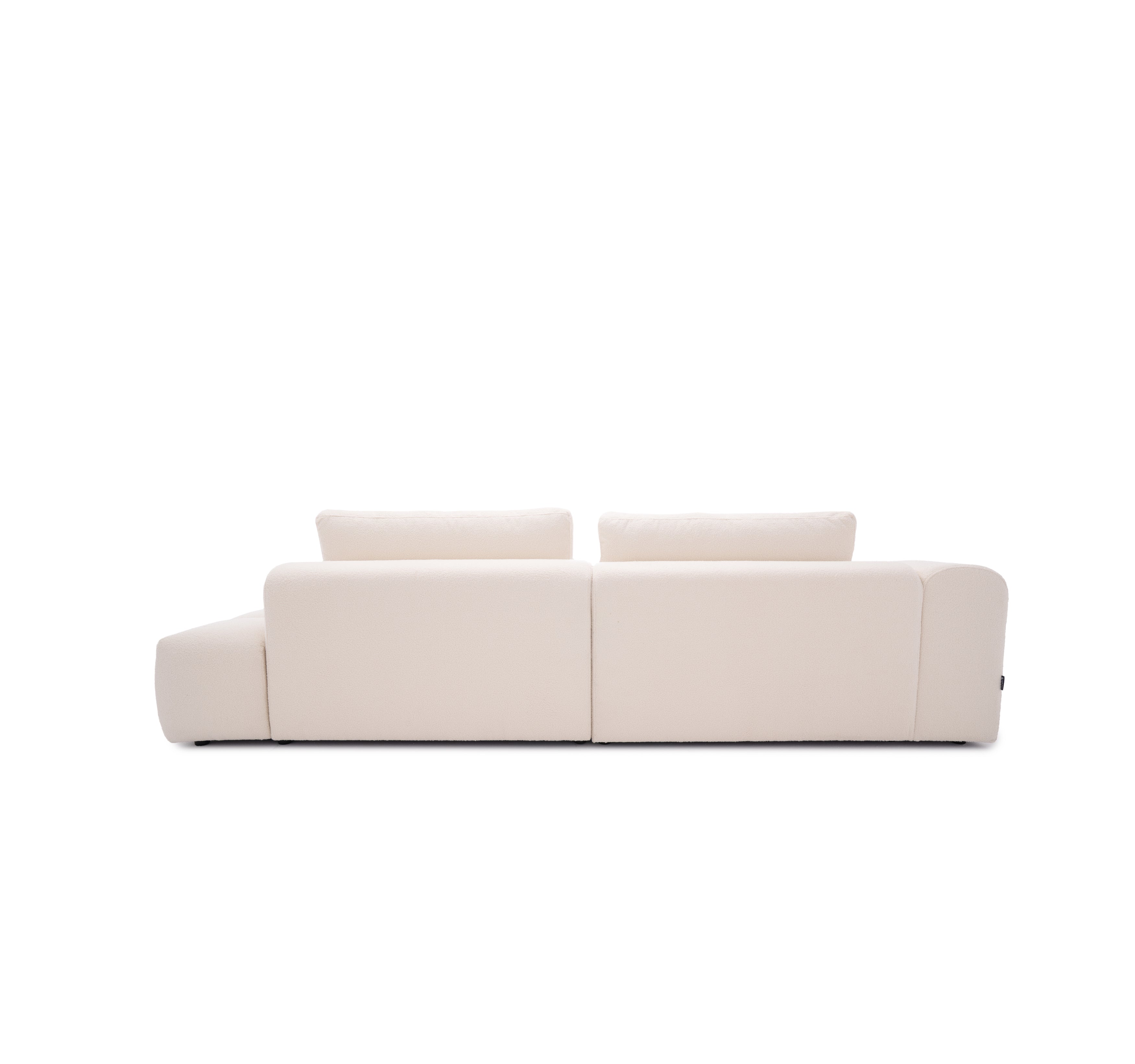 Canapé d’angle gauche Montagne Sainte-Geneviève en tissu bouclette beige Paname Avenue, vue arrière sur fond blanc