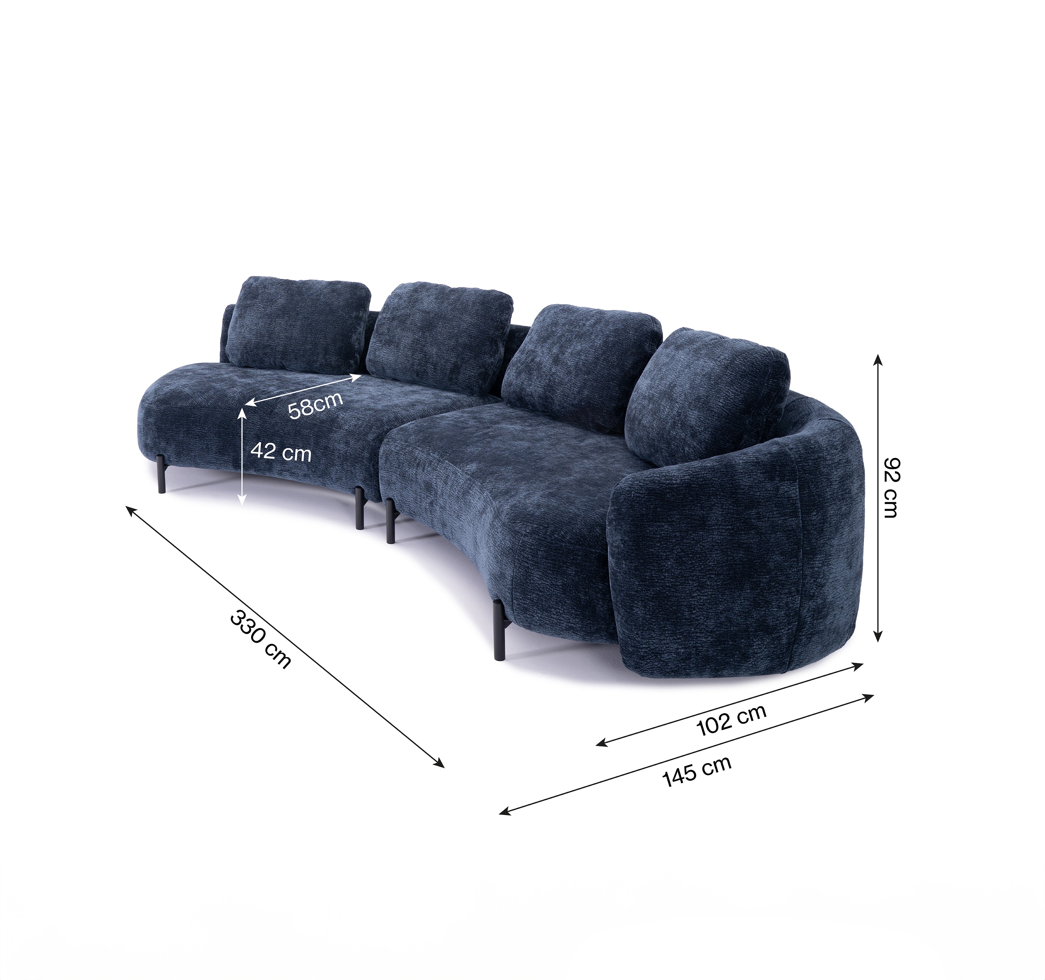 Canapé d’angle gauche Saint-Sauveur en tissu chenille bleu Paname Avenue, schéma des dimensions