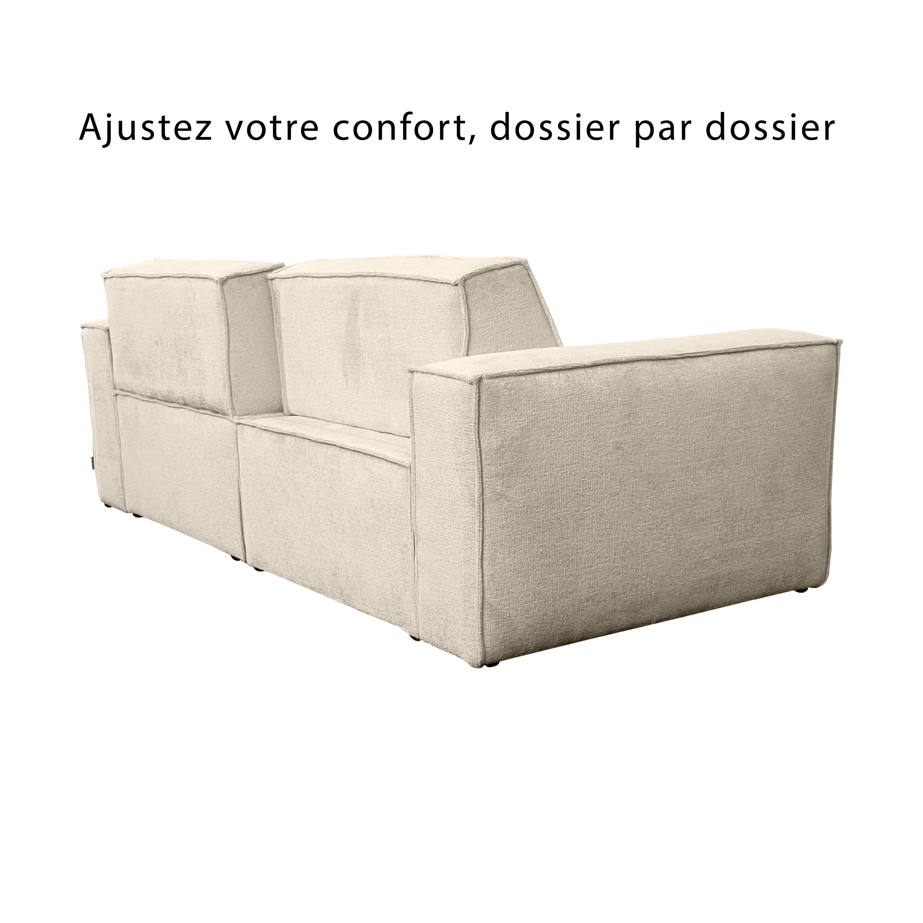 Canapé droit Beaux-Arts en tissu chenille beige Paname Avenue, vue trois-quarts avec dossiers ajustables