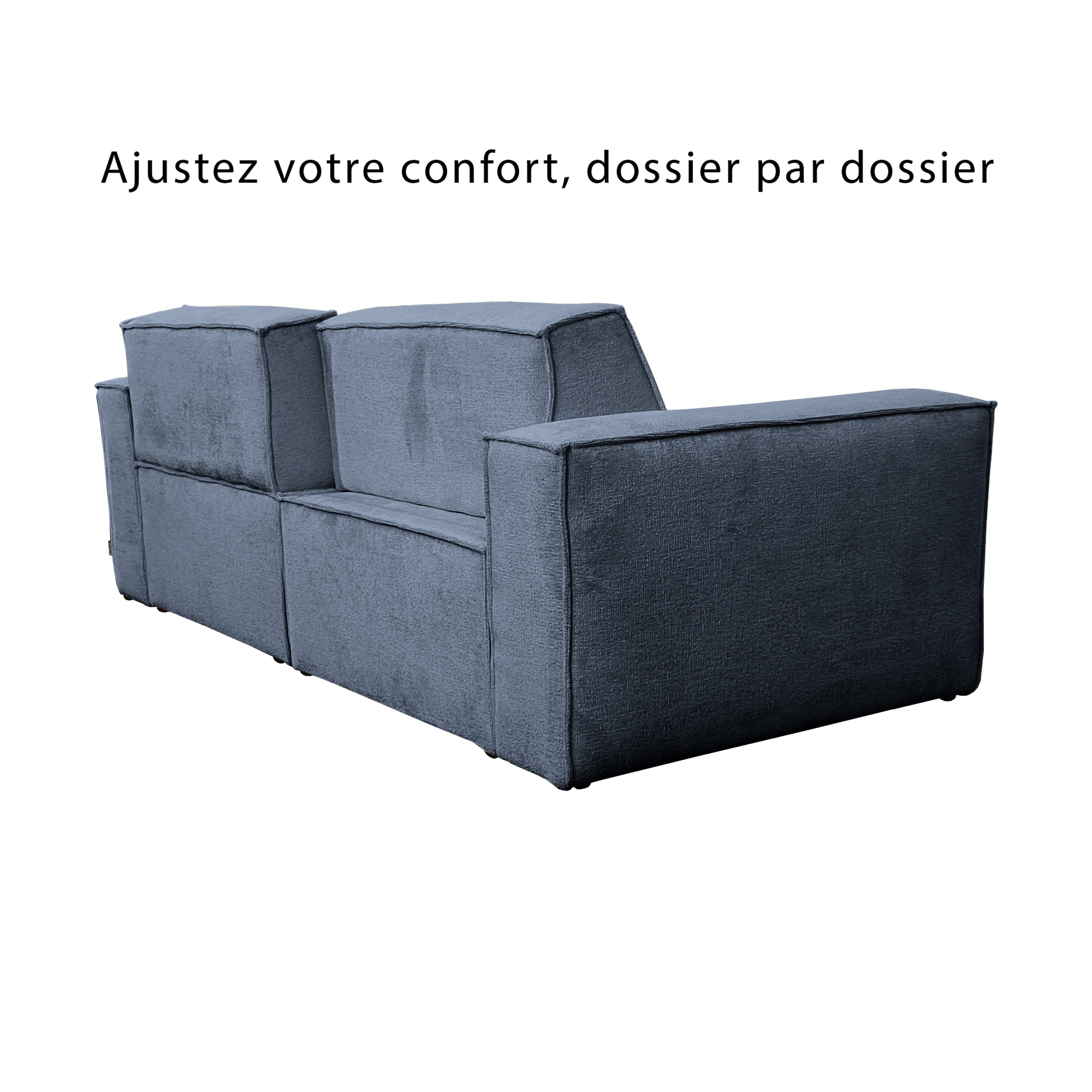 Canapé droit Beaux-Arts en tissu chenille bleu Paname Avenue, vue trois-quarts avec dossiers ajustables
