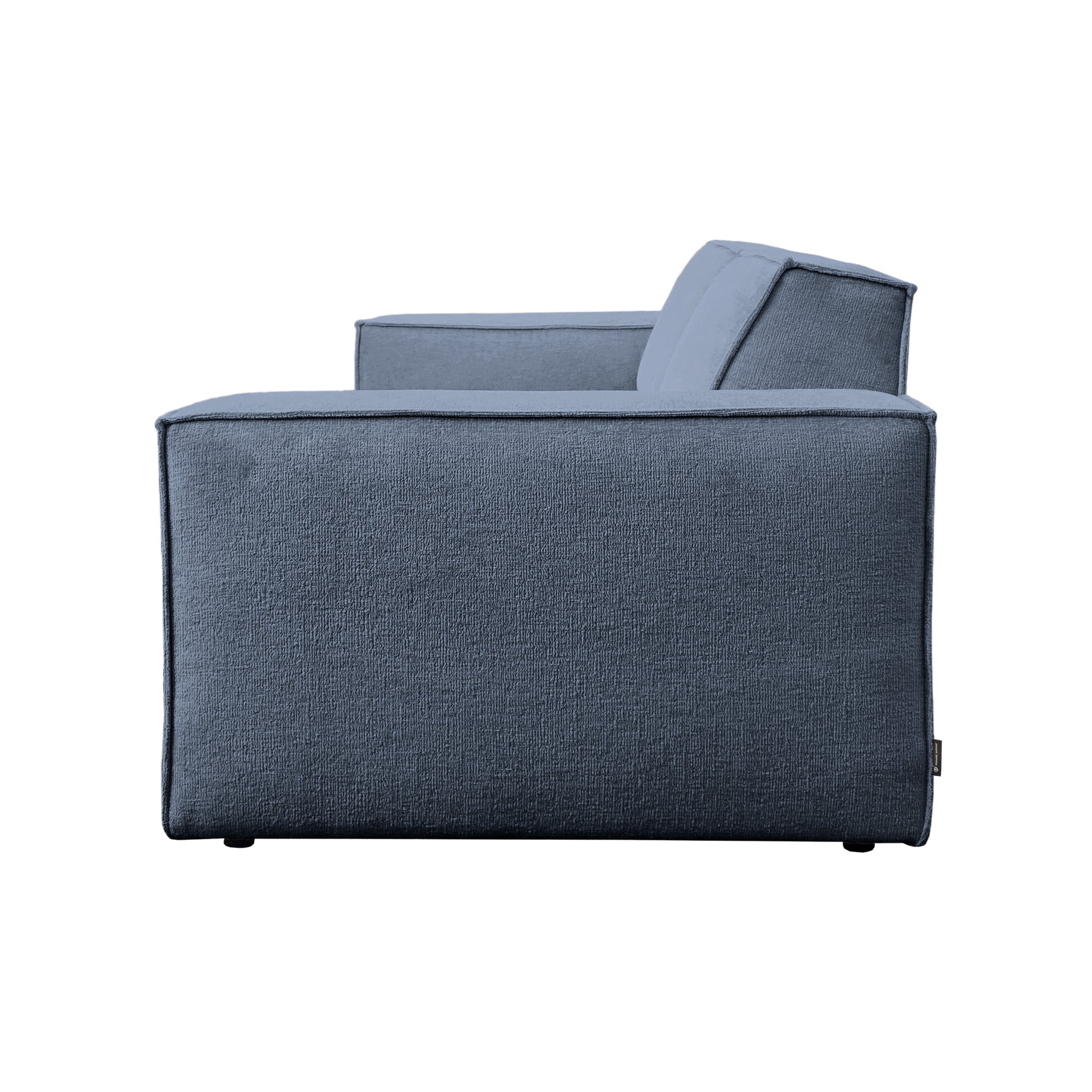 Canapé droit Beaux-Arts en tissu chenille bleu Paname Avenue, vue de profil sur fond blanc