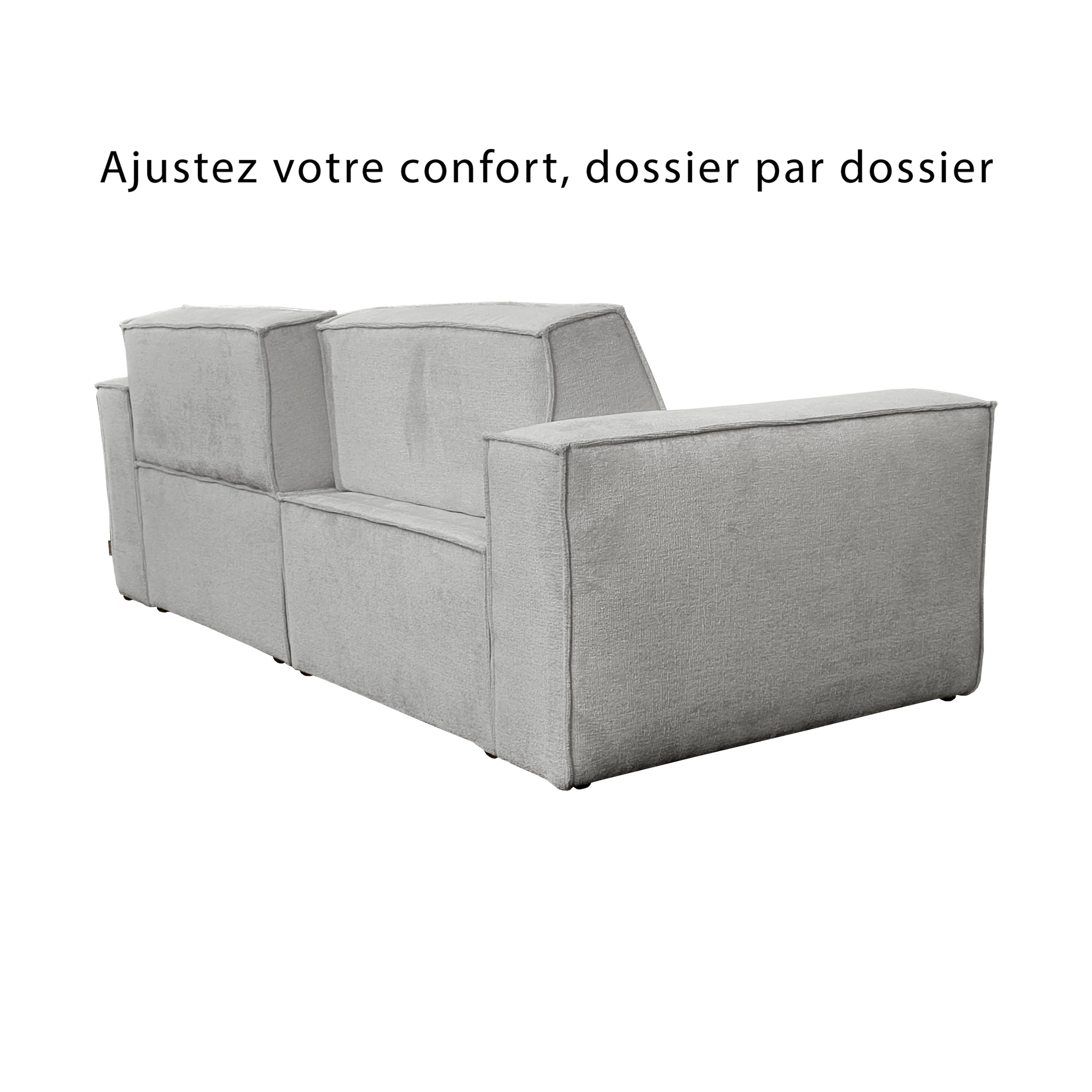 Canapé droit Beaux-Arts en tissu chenille gris Paname Avenue, vue trois-quarts avec dossiers ajustables