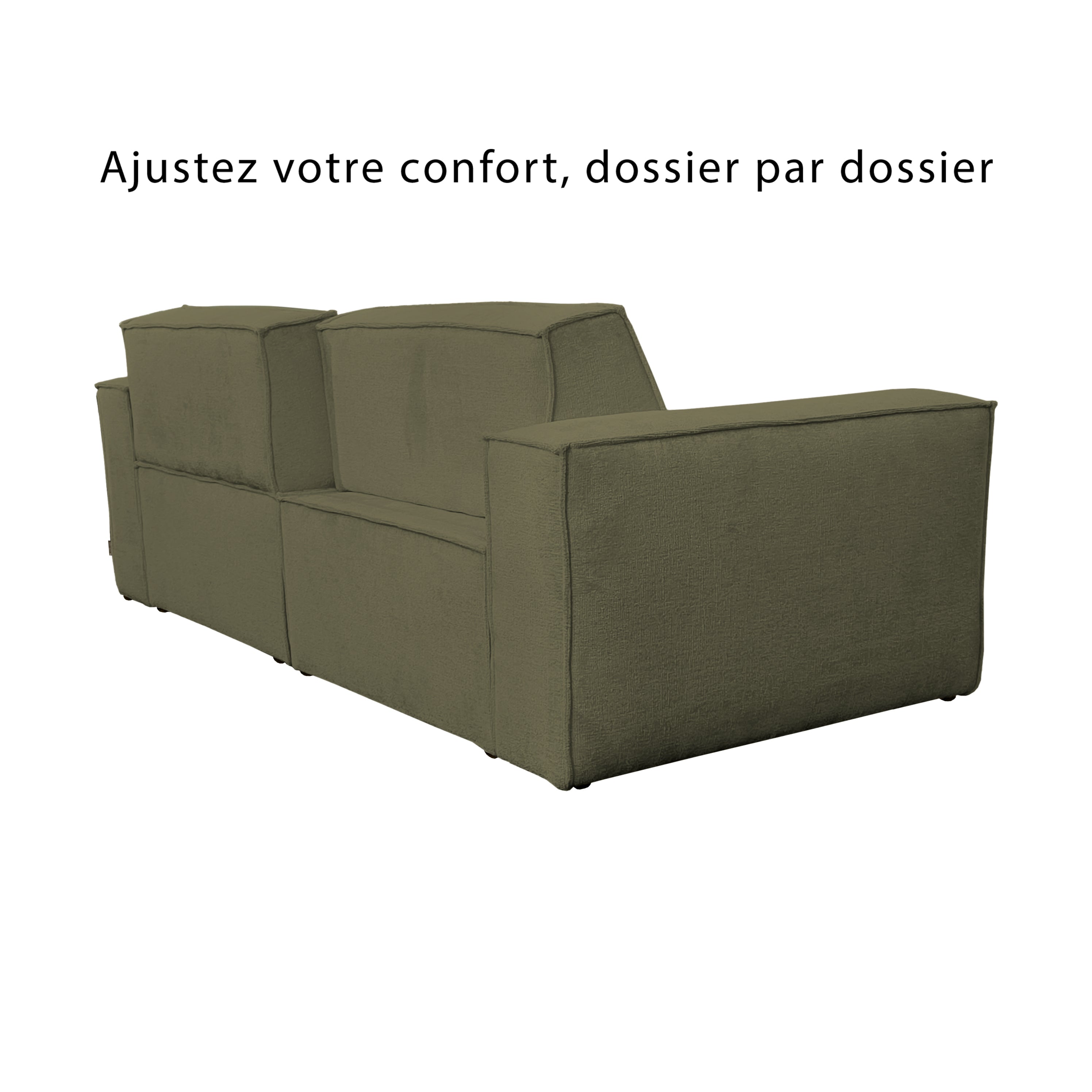 Canapé droit Beaux-Arts en tissu chenille vert olive Paname Avenue, vue trois-quarts avec dossiers ajustables