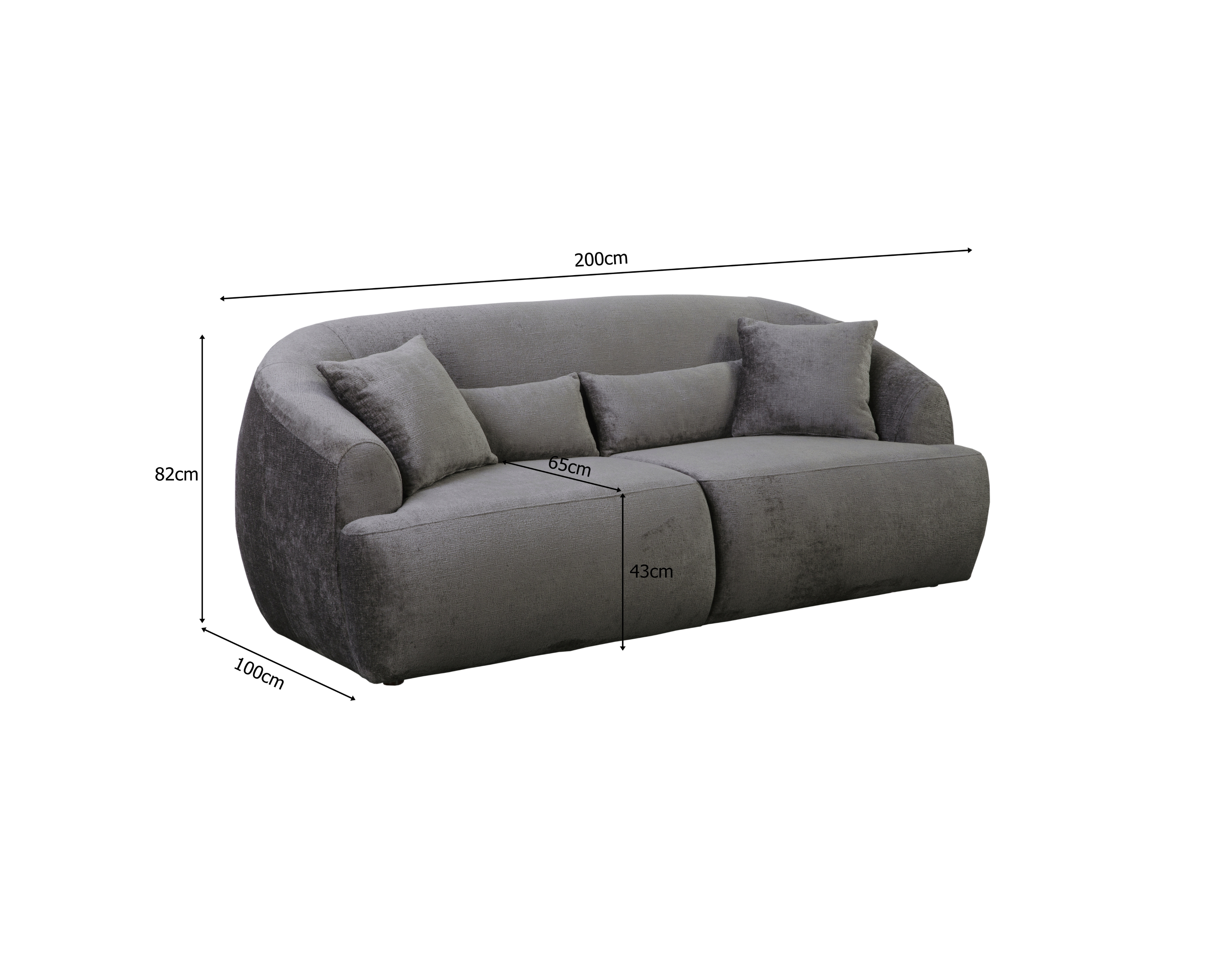 Canapé droit Calais en tissu chenille anthracite Paname Avenue, schéma des dimensions