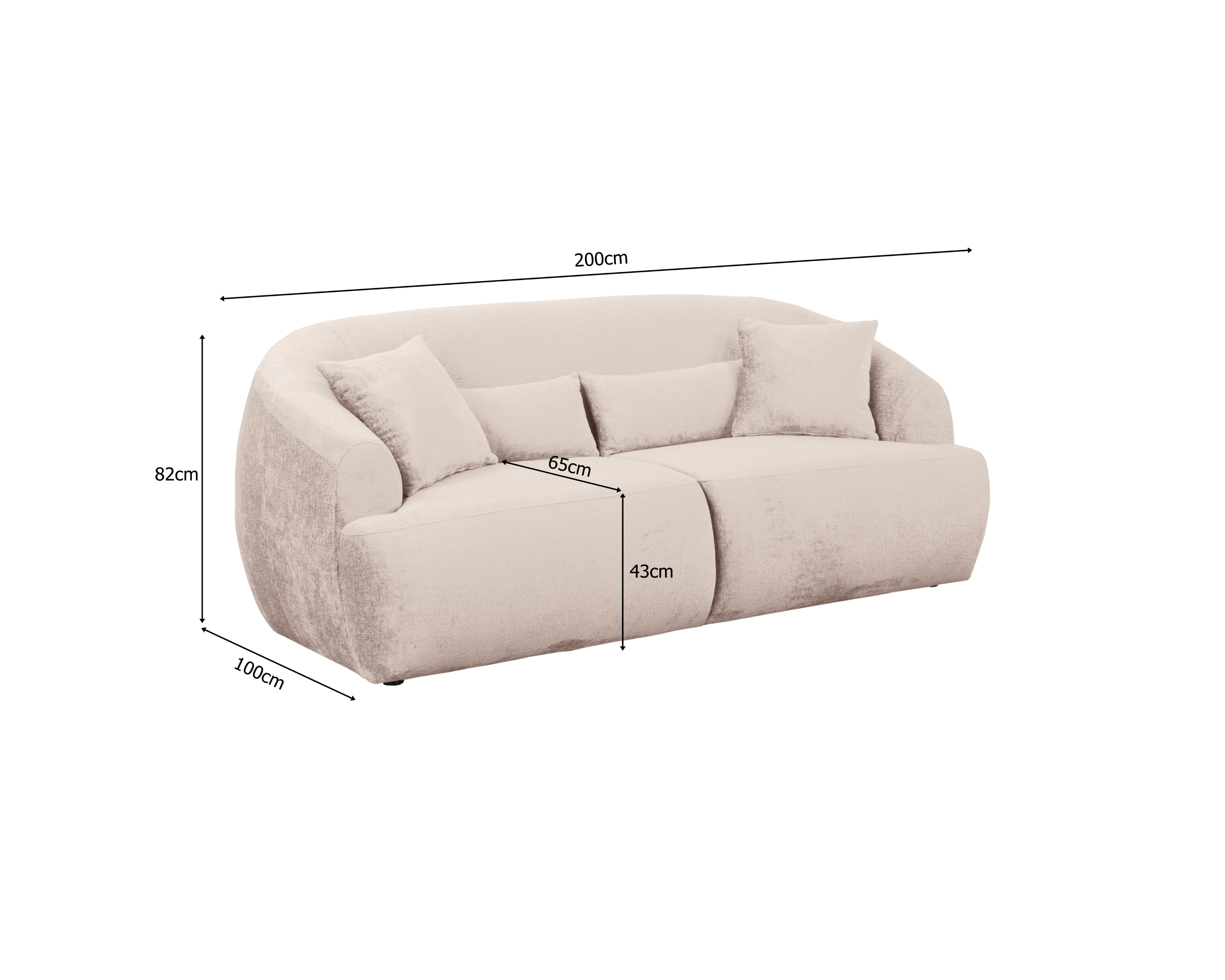 Canapé droit Calais en tissu chenille beige Paname Avenue, schéma des dimensions