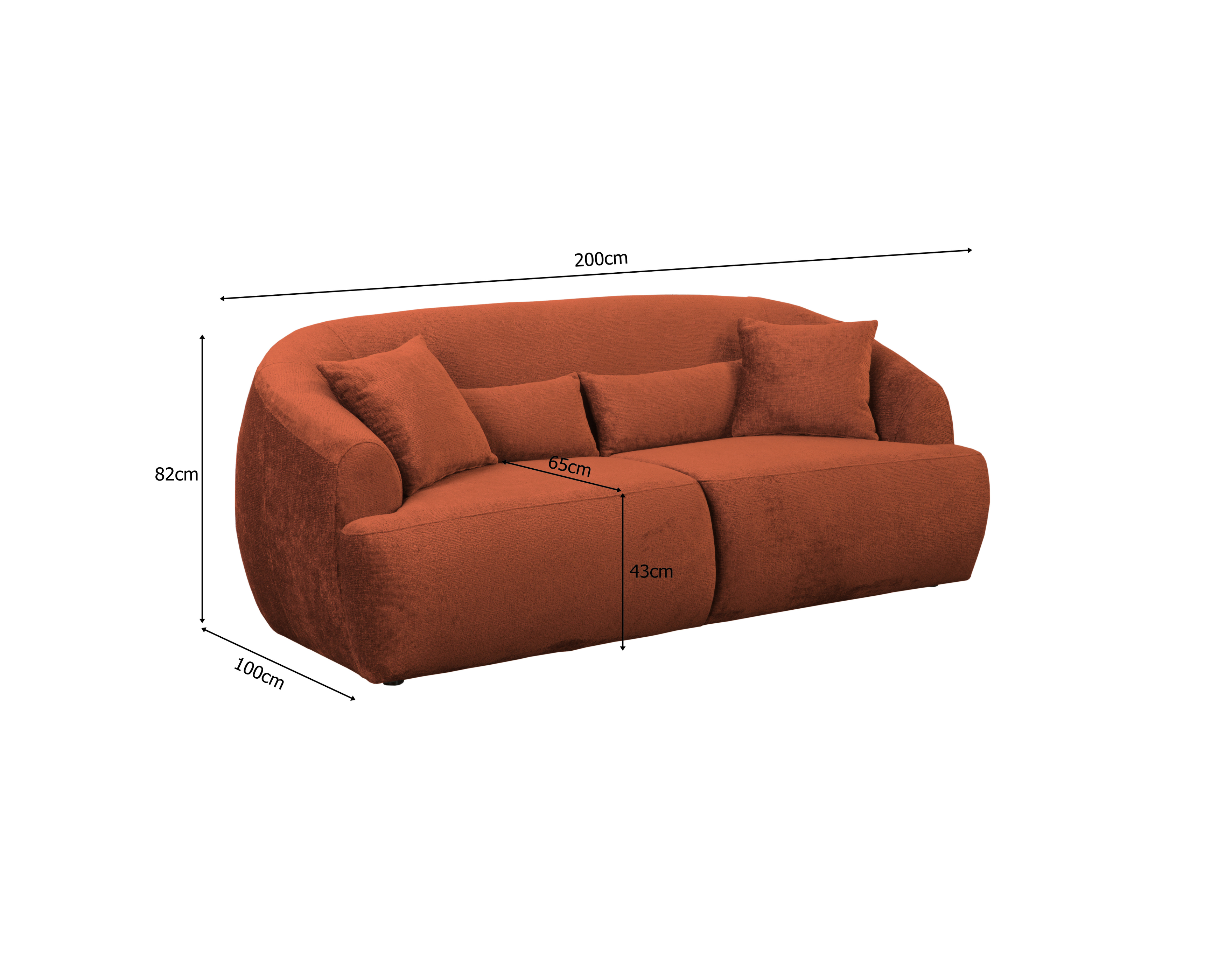 Canapé droit Calais en tissu chenille terracotta Paname Avenue, schéma des dimensions