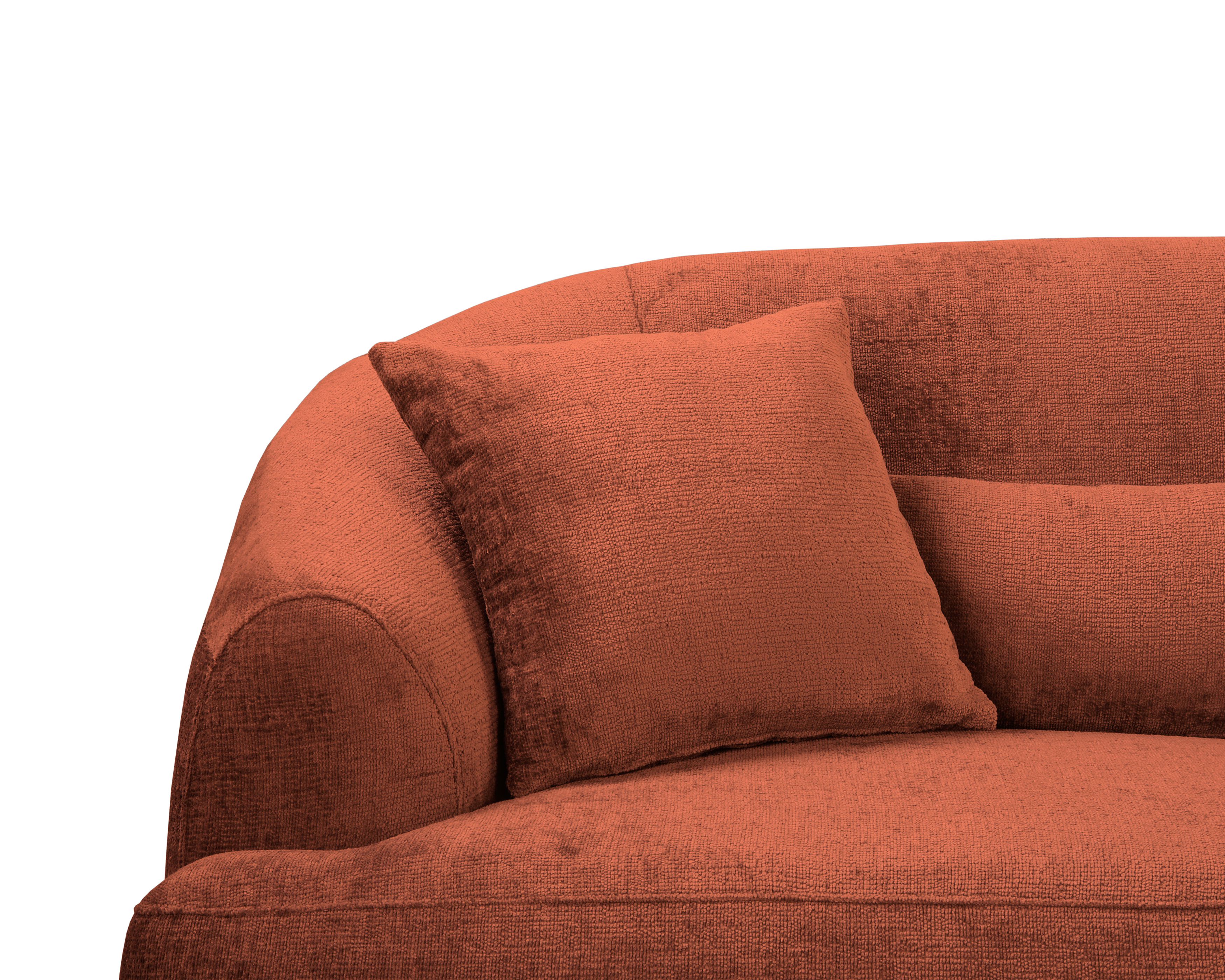 Canapé droit Calais en tissu chenille terracotta Paname Avenue, zoom sur les coussins