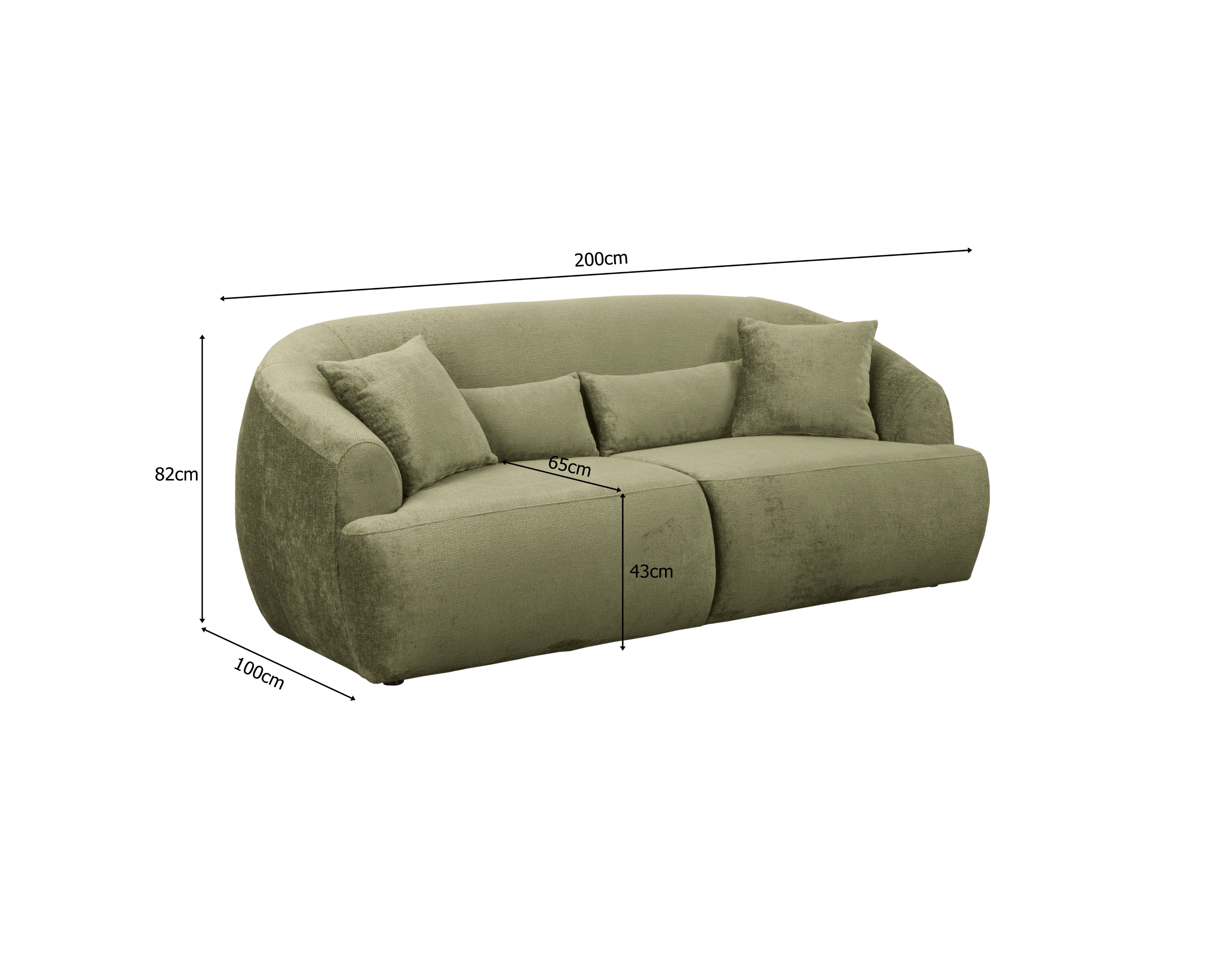 Canapé droit Calais en tissu chenille vert olive Paname Avenue, schéma des dimensions