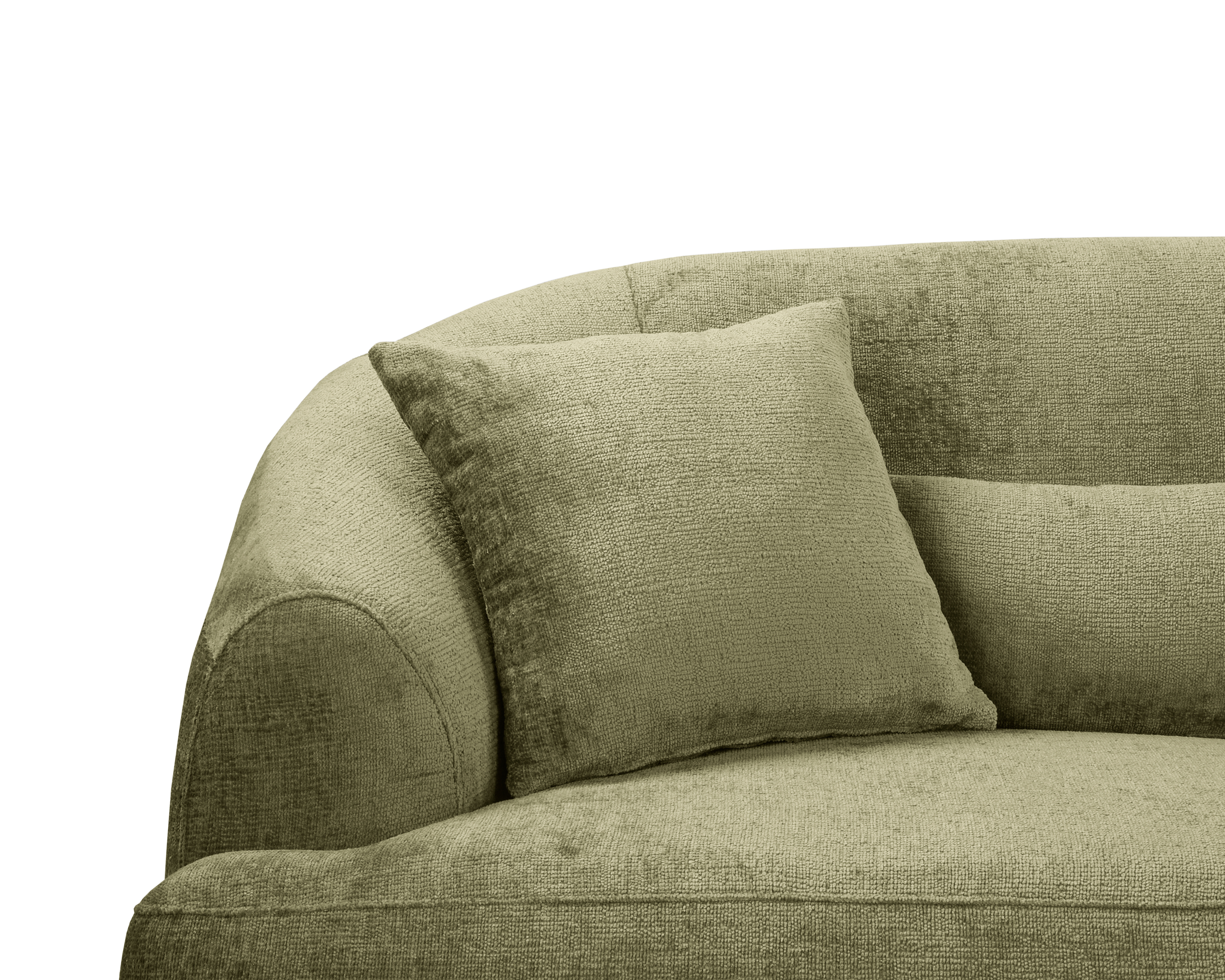 Canapé droit Calais en tissu chenille vert olive Paname Avenue, zoom sur les coussins