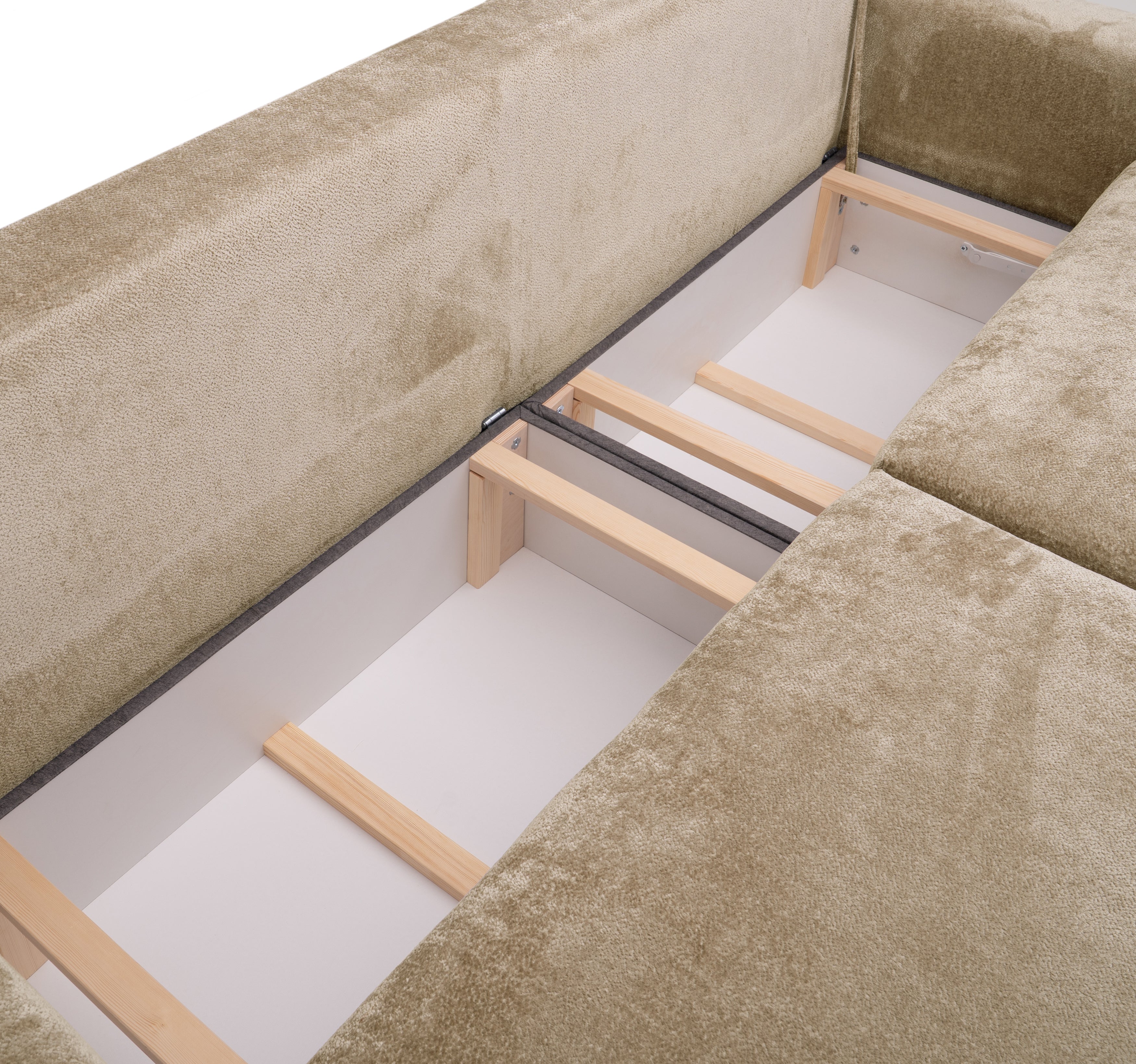 Canapé droit convertible Bonaparte en tissu chenille beige Paname Avenue, vue avec coffre de rangement ouvert