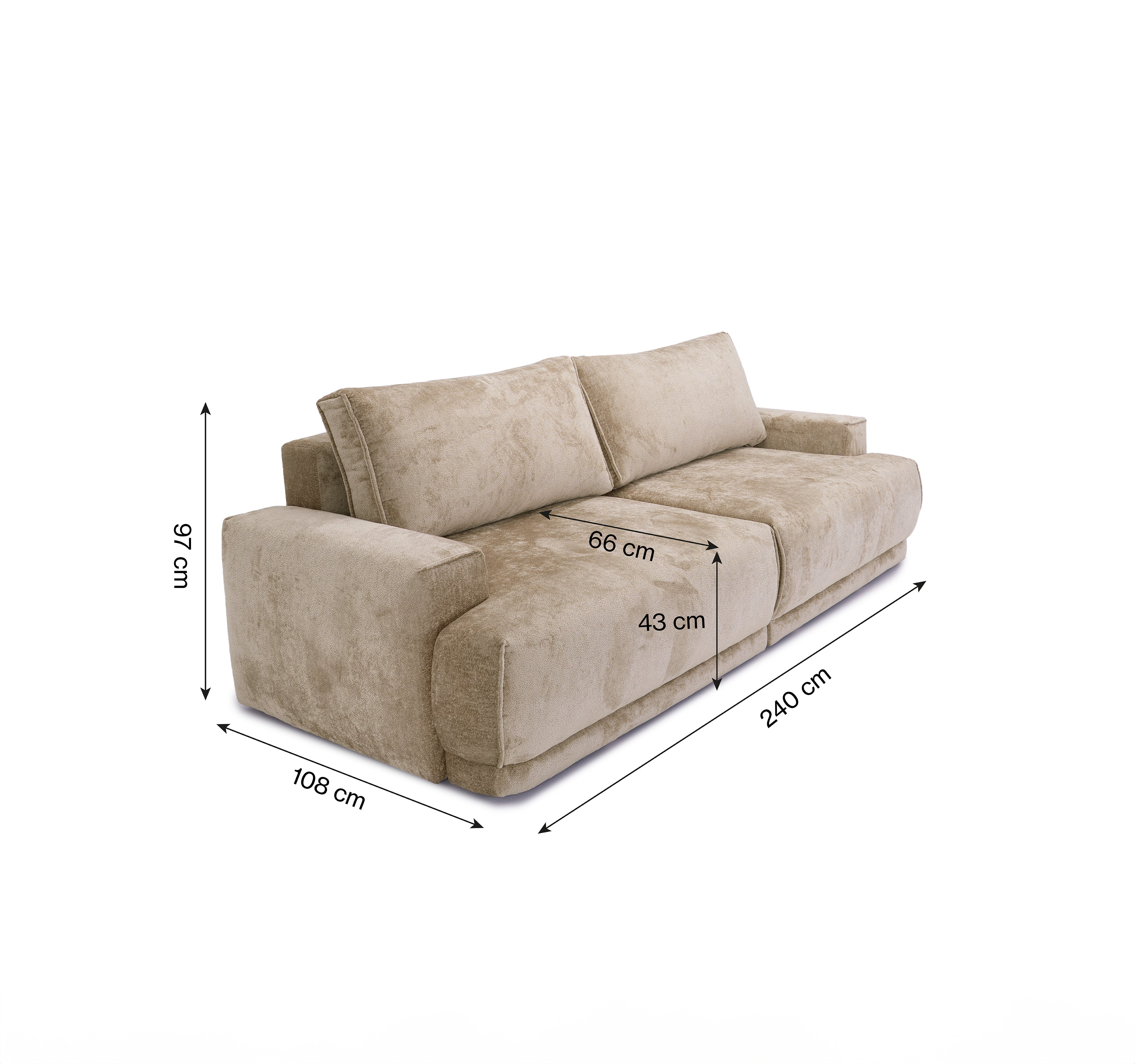 Canapé droit convertible Bonaparte en tissu chenille beige Paname Avenue, schéma des dimensions
