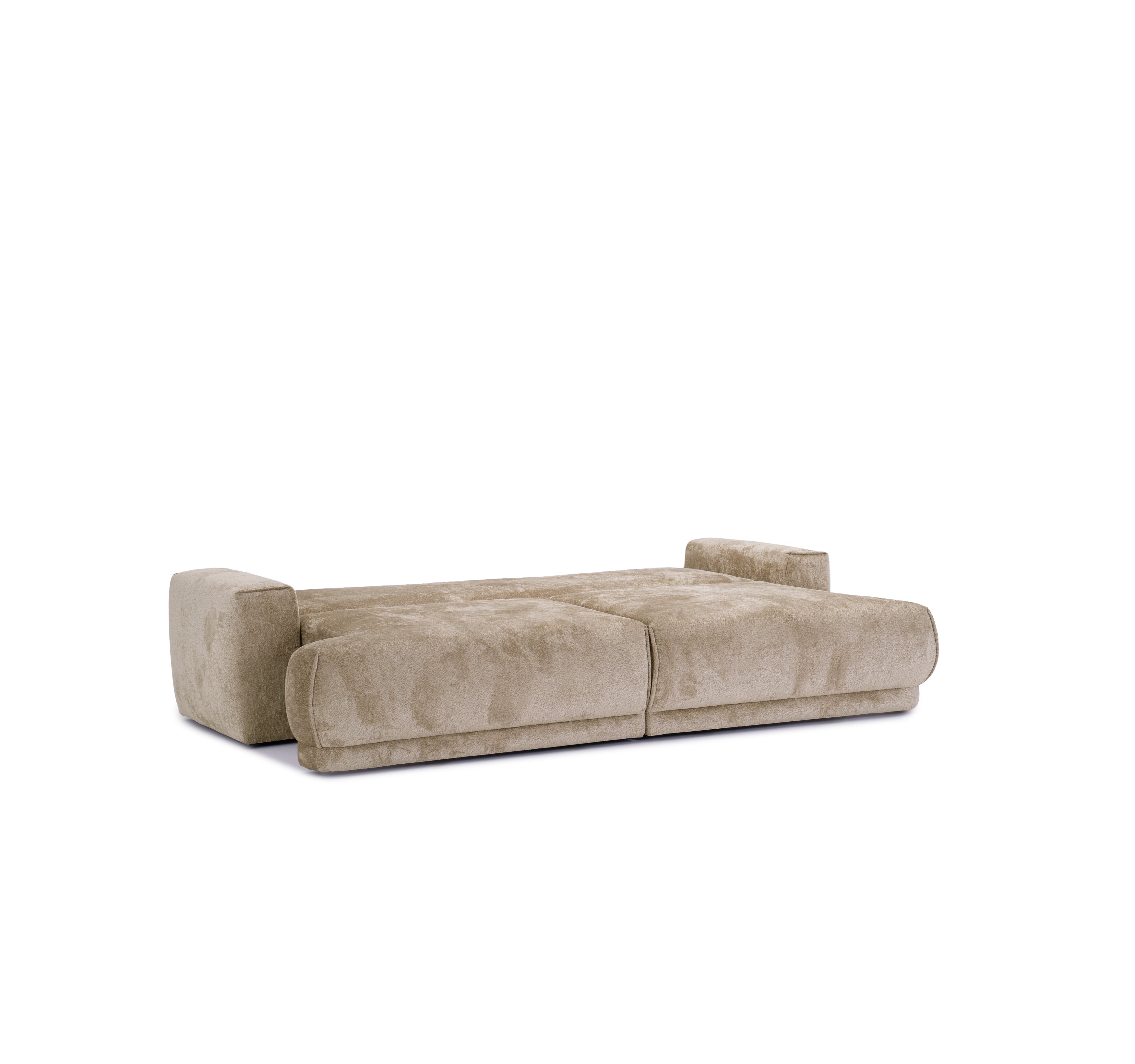 Canapé droit convertible Bonaparte en tissu chenille beige Paname Avenue, déployé en mode lit