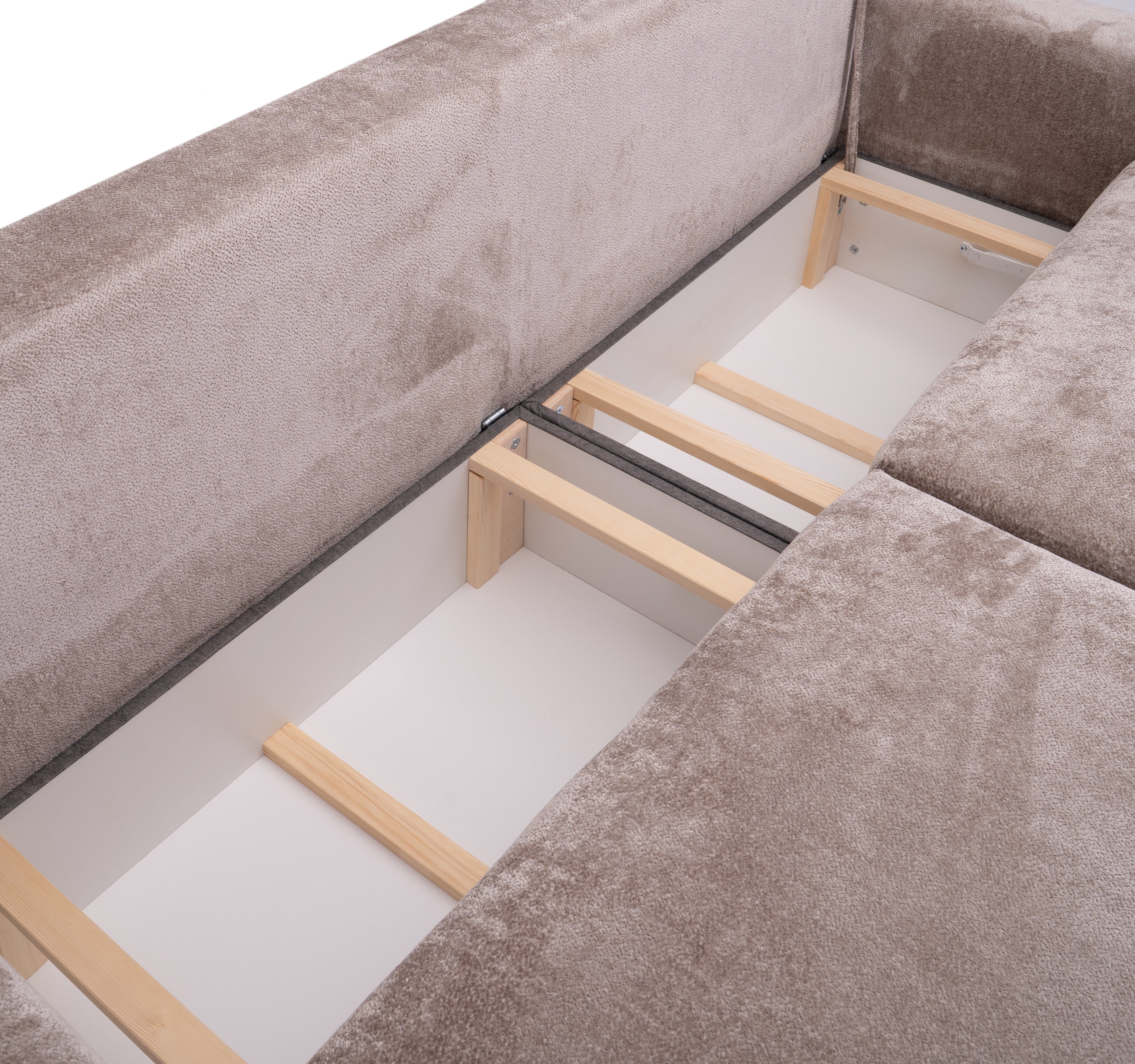Canapé droit convertible Bonaparte en tissu chenille taupe Paname Avenue, vue coffre de rangement ouvert