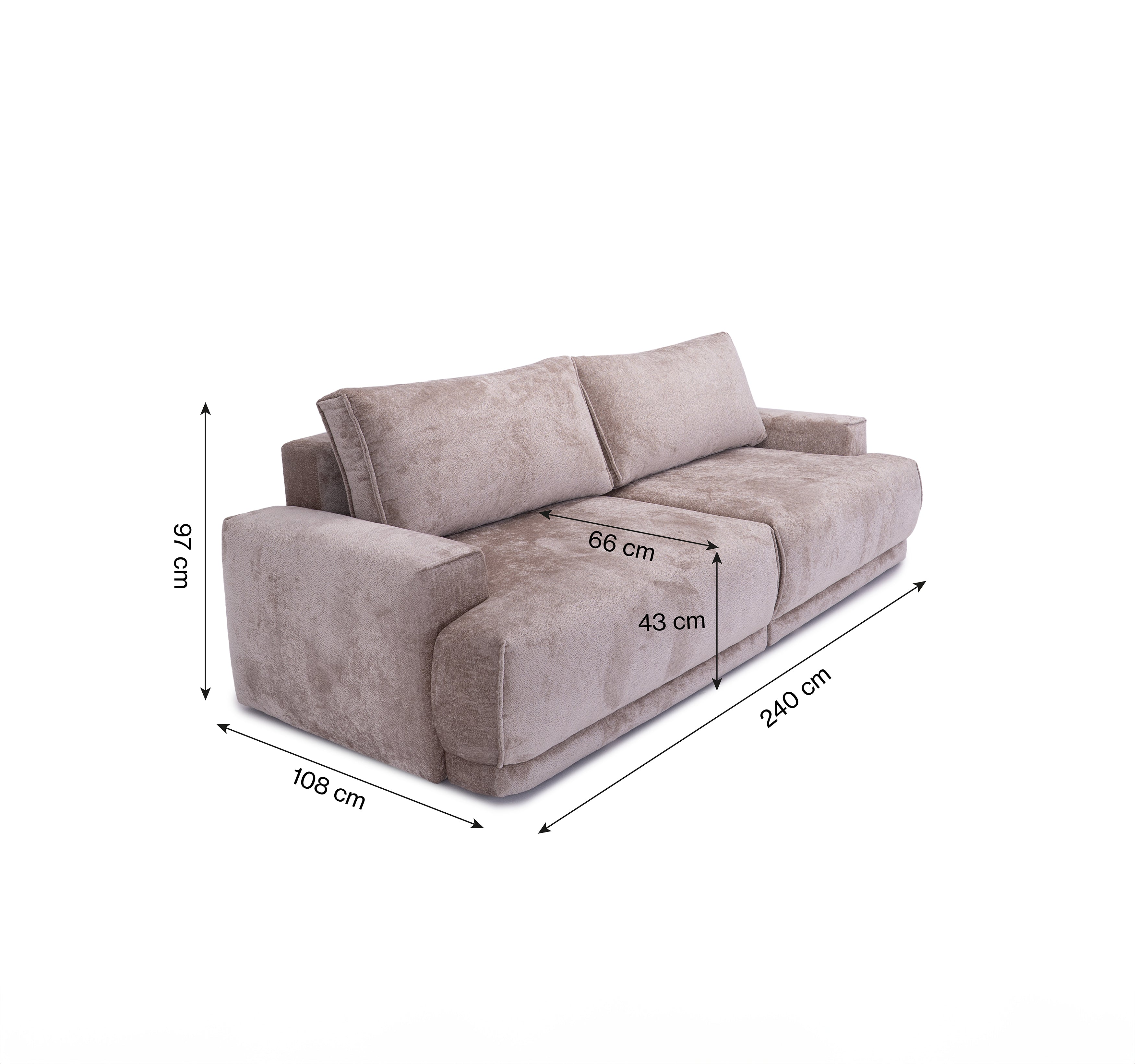 Canapé droit convertible Bonaparte en tissu chenille taupe Paname Avenue, schéma des dimensions