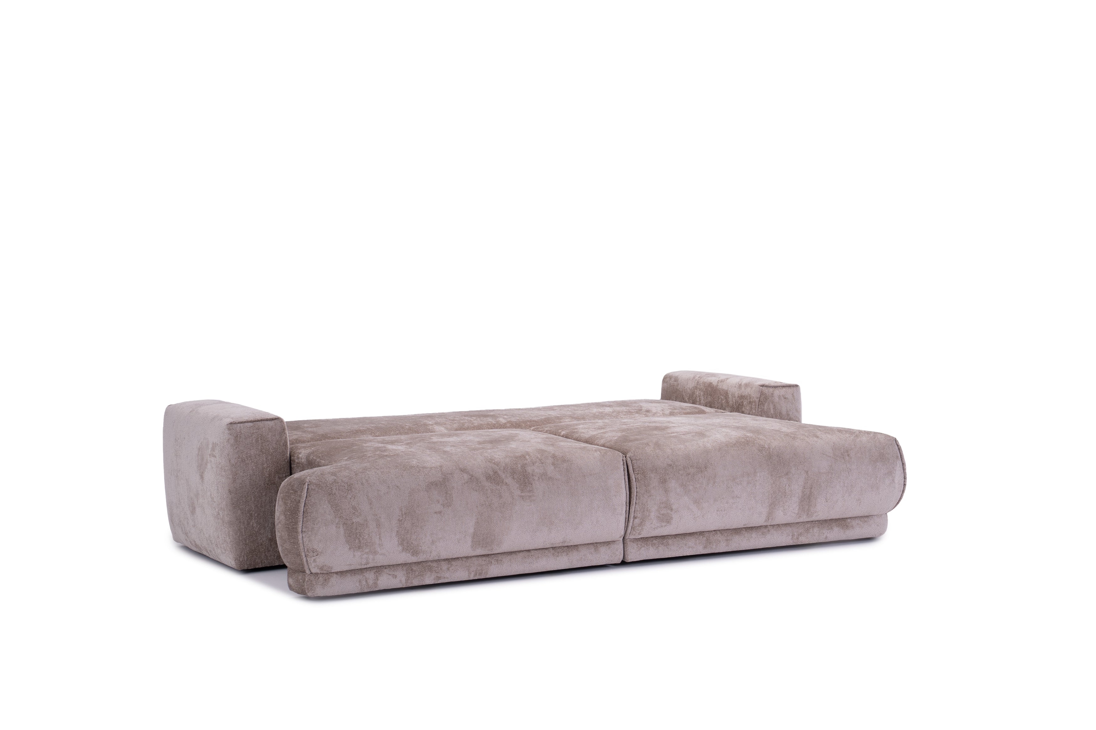 Canapé droit convertible Bonaparte en tissu chenille taupe Paname Avenue, déployé en mode lit
