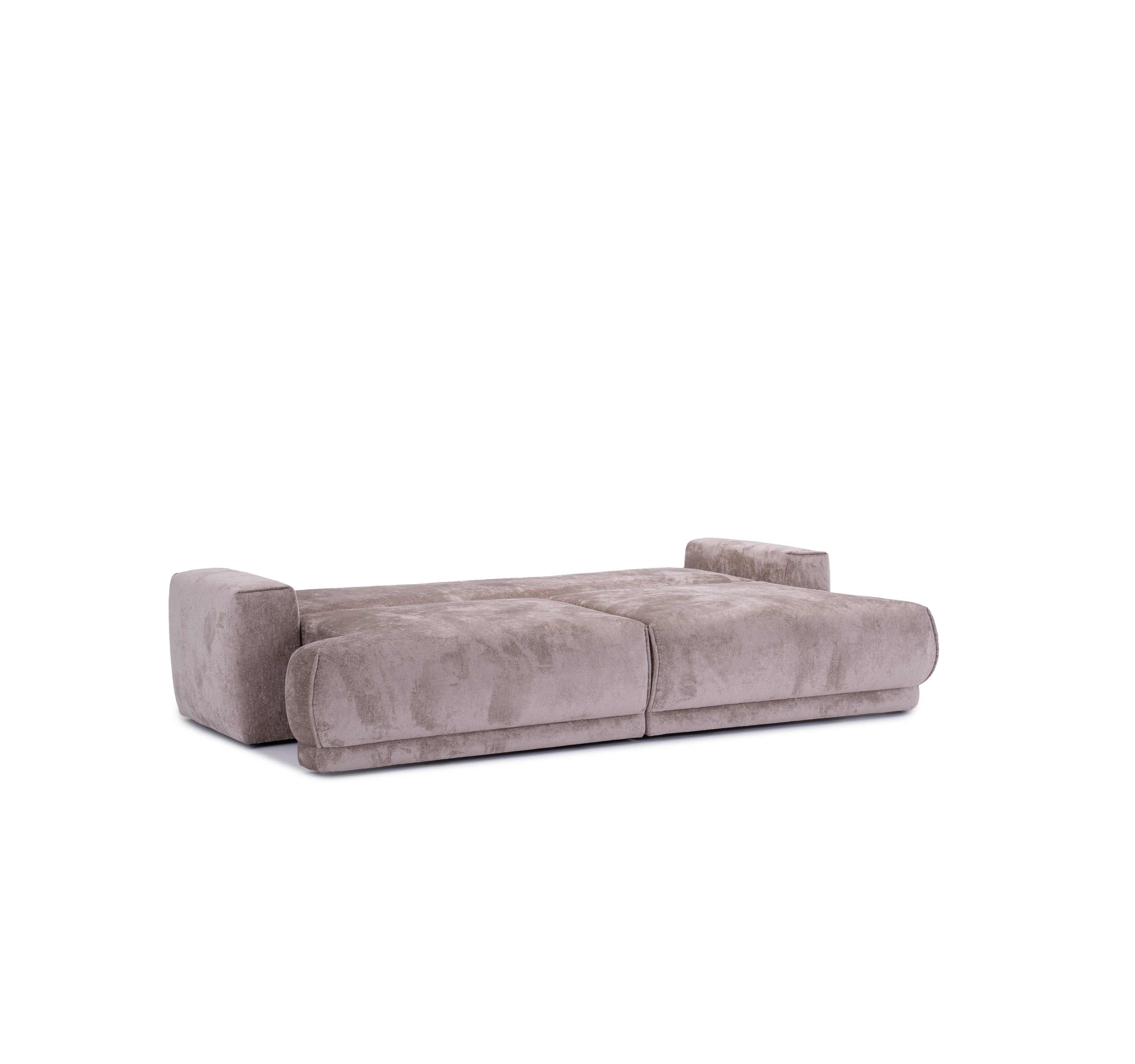 Canapé droit convertible Bonaparte en tissu chenille taupe Paname Avenue, déployé en mode lit