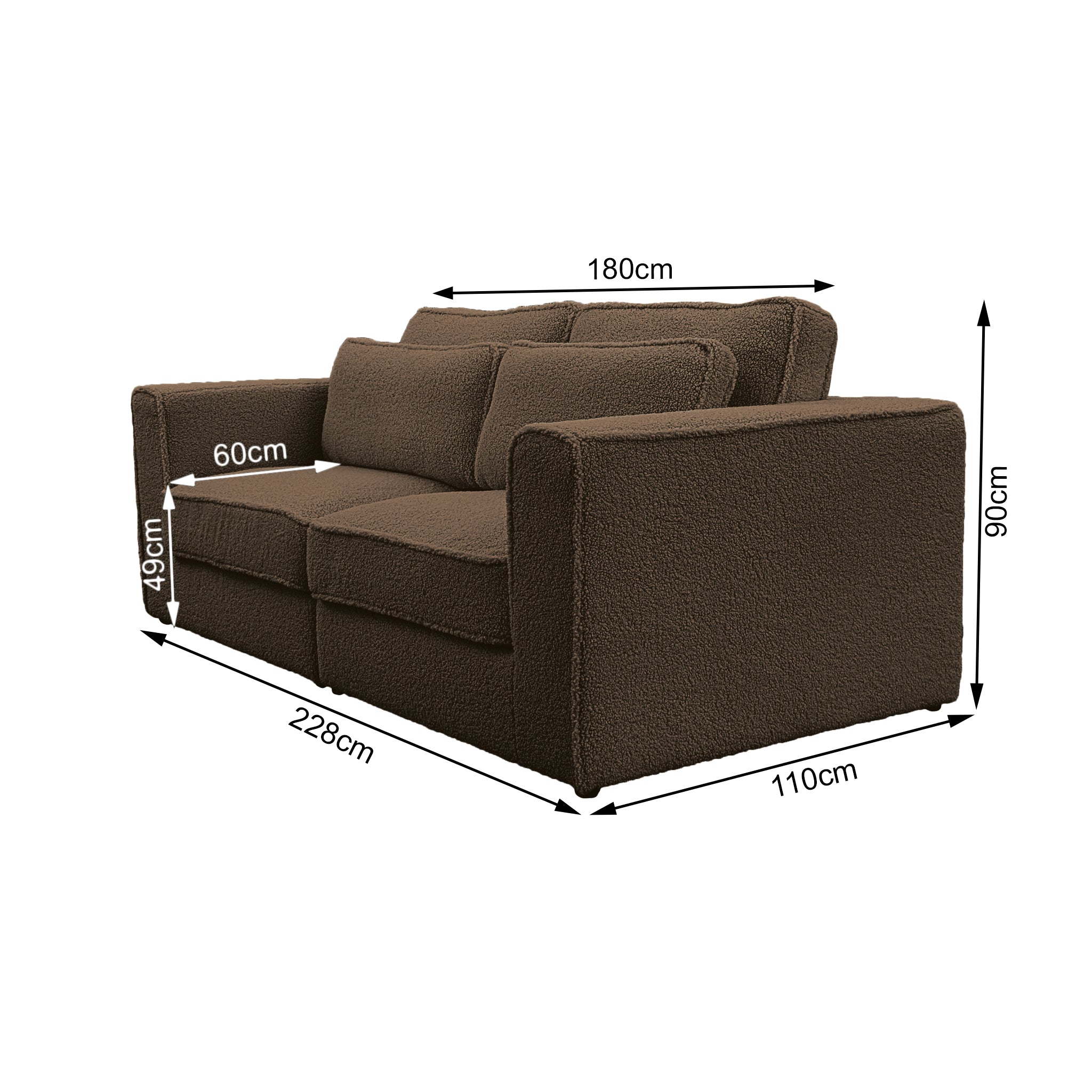Canapé droit Descartes en tissu bouclette marron Paname Avenue, schéma des dimensions