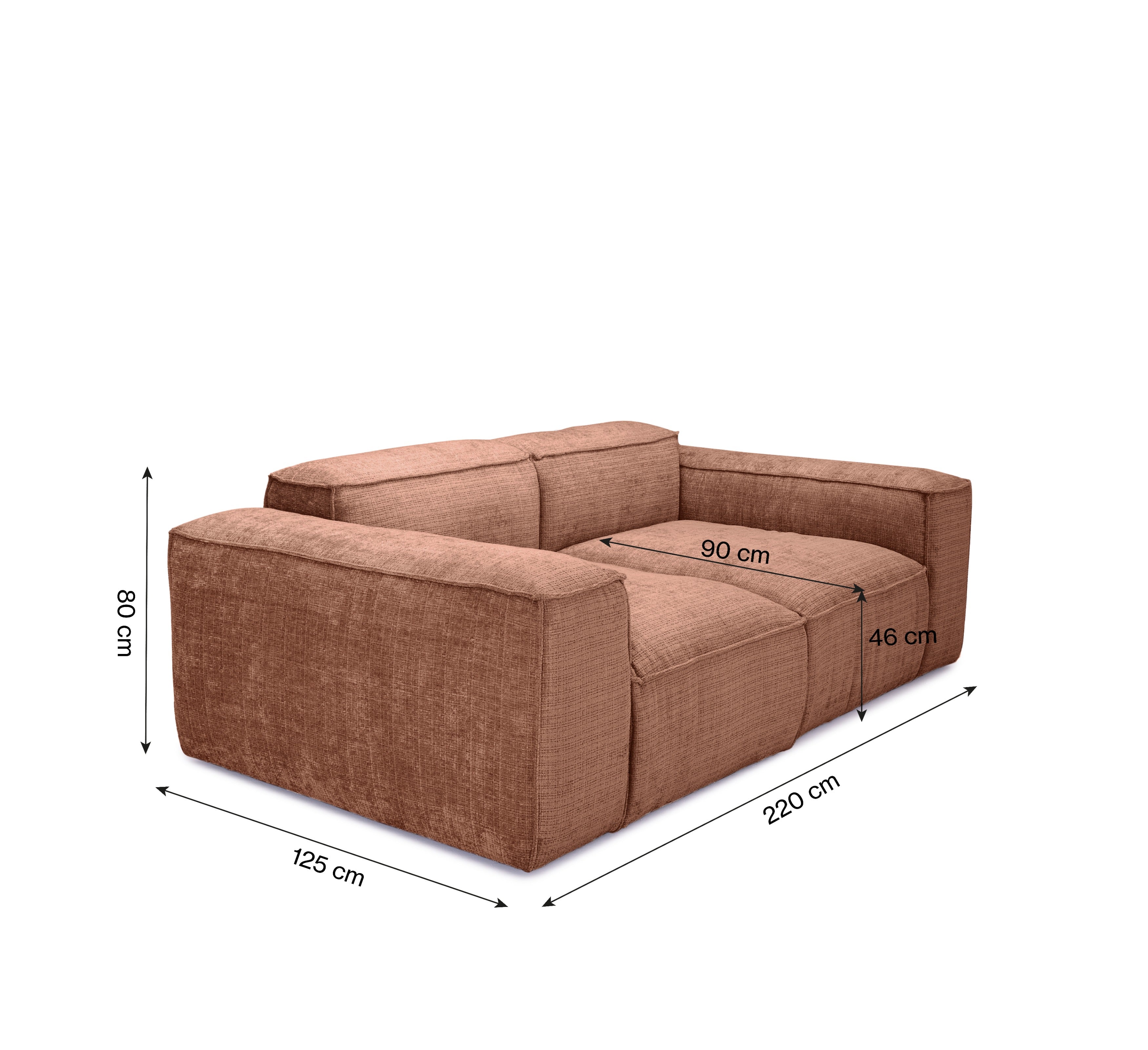 Canapé droit Lacepede en tissu chenille terracotta Paname Avenue, schéma des dimensions